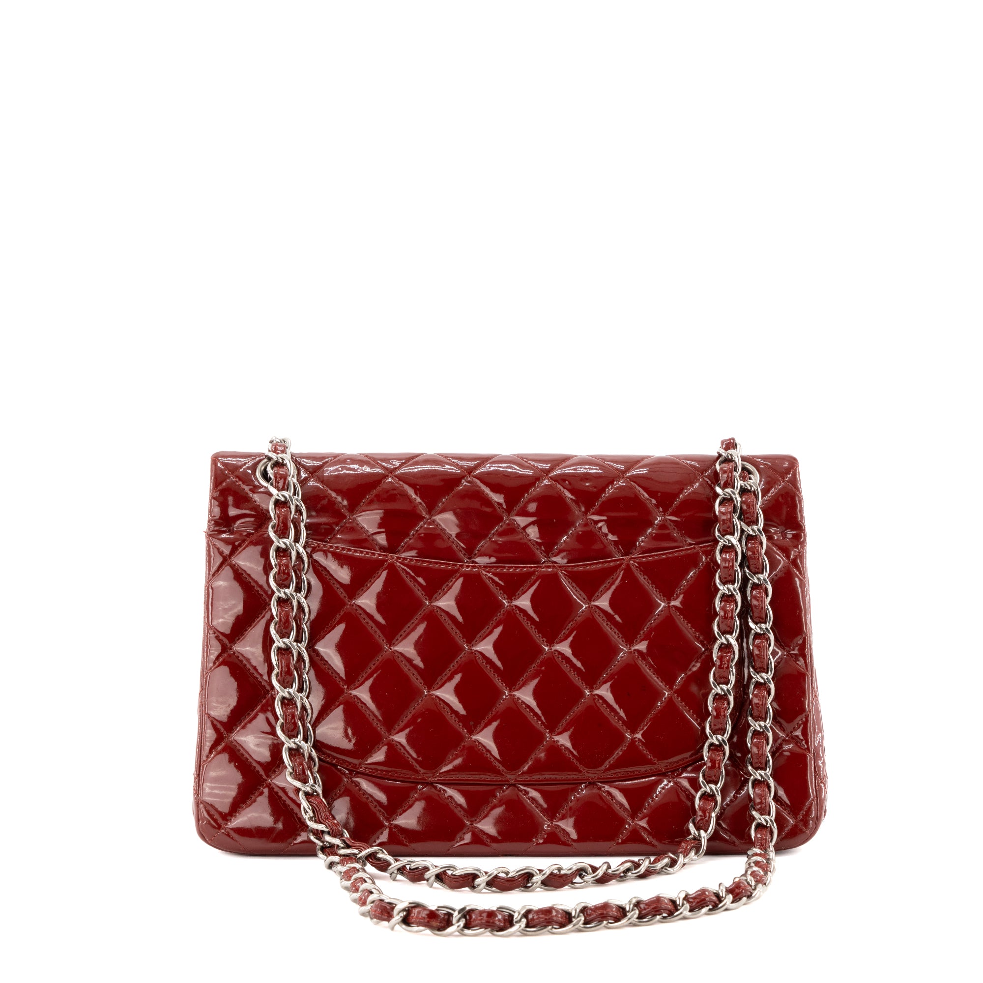 CHANEL - Sac à main Classique/Timeless Jumbo Chanel en cuir verni rouge bordeaux