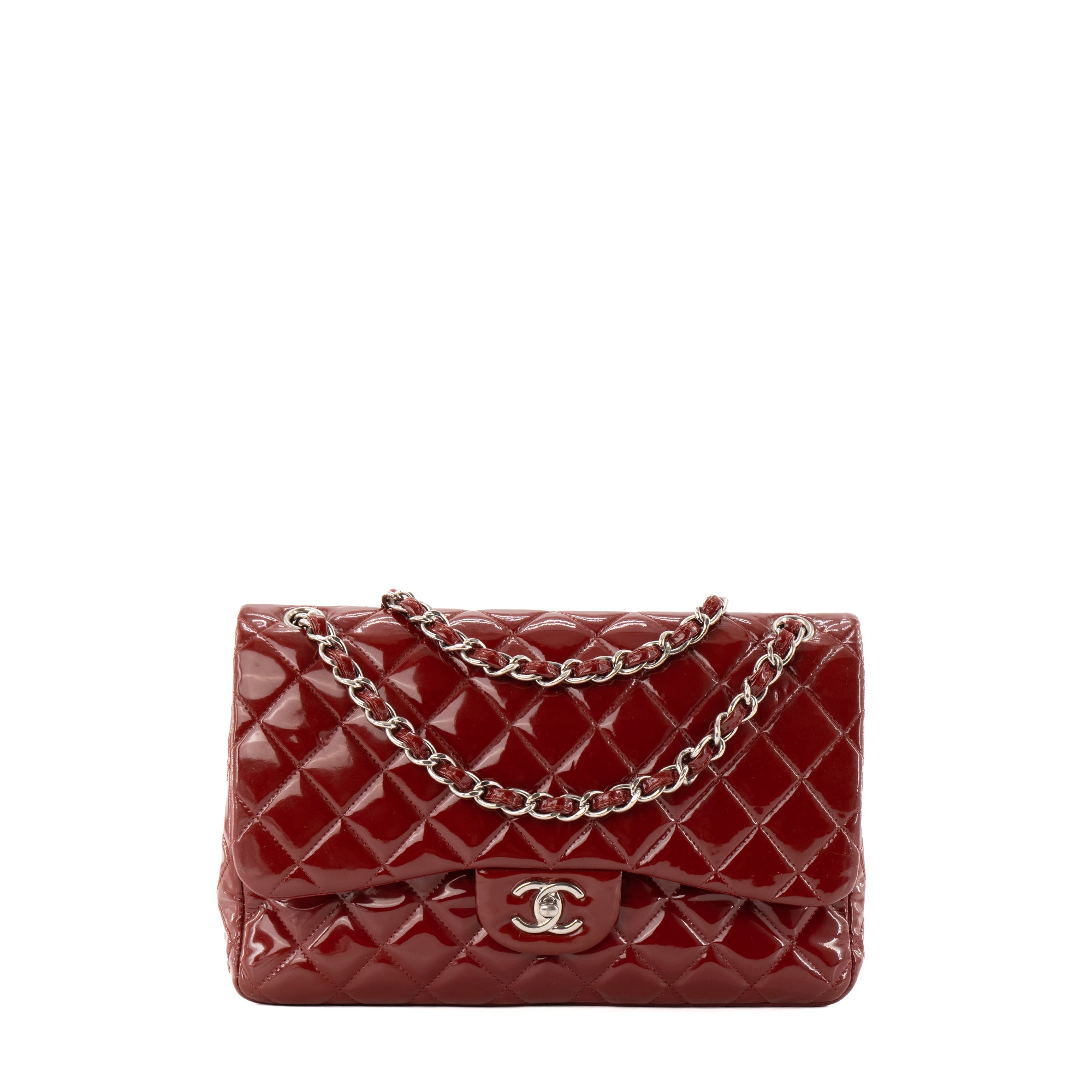CHANEL - Sac à main Classique/Timeless Jumbo Chanel en cuir verni rouge bordeaux