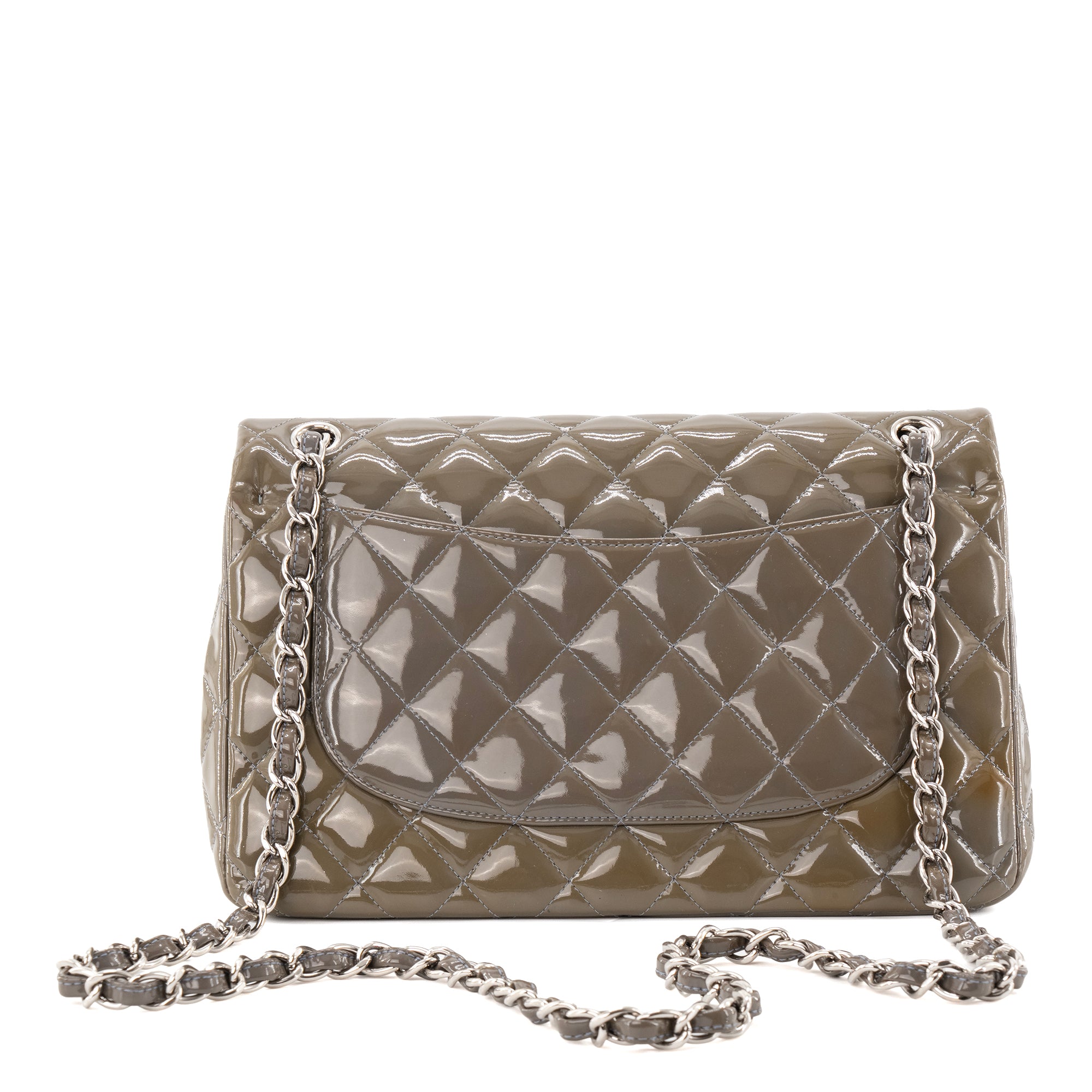 CHANEL - Sac à main Classique/Timeless Jumbo Chanel en cuir verni taupe