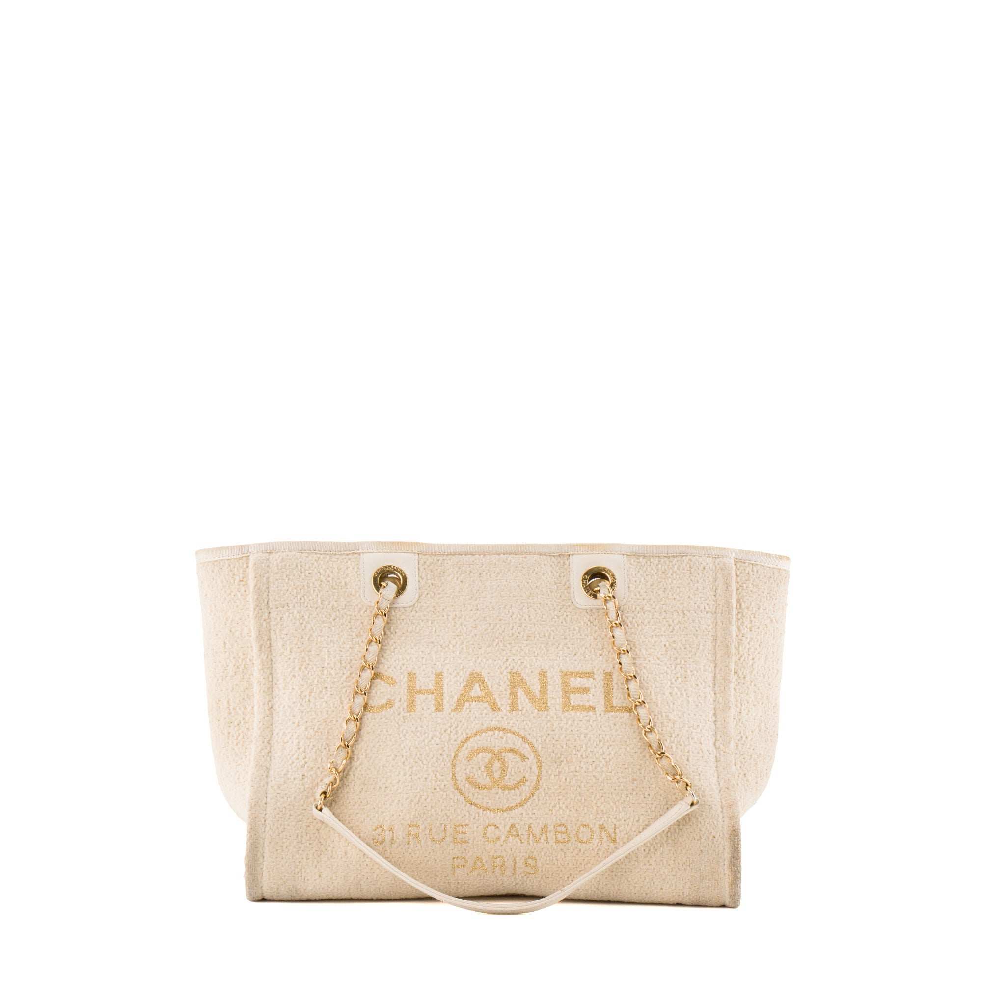 CHANEL - Sac cabas Deauville en toile et cuir lisse beige