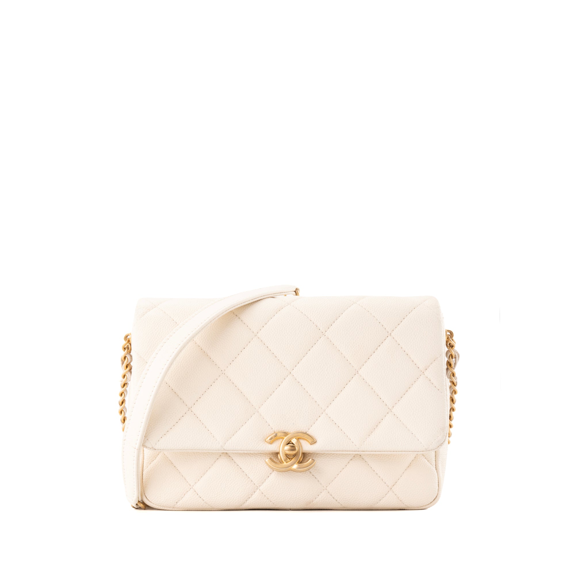 CHANEL - Sac à bandoulière Melody Flap Classique/Timeless Chanel en cuir caviar blanc