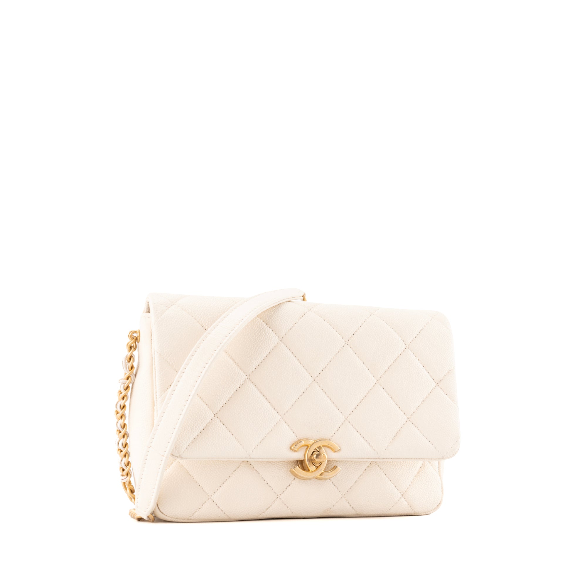 CHANEL - Sac à bandoulière Melody Flap Classique/Timeless Chanel en cuir caviar blanc