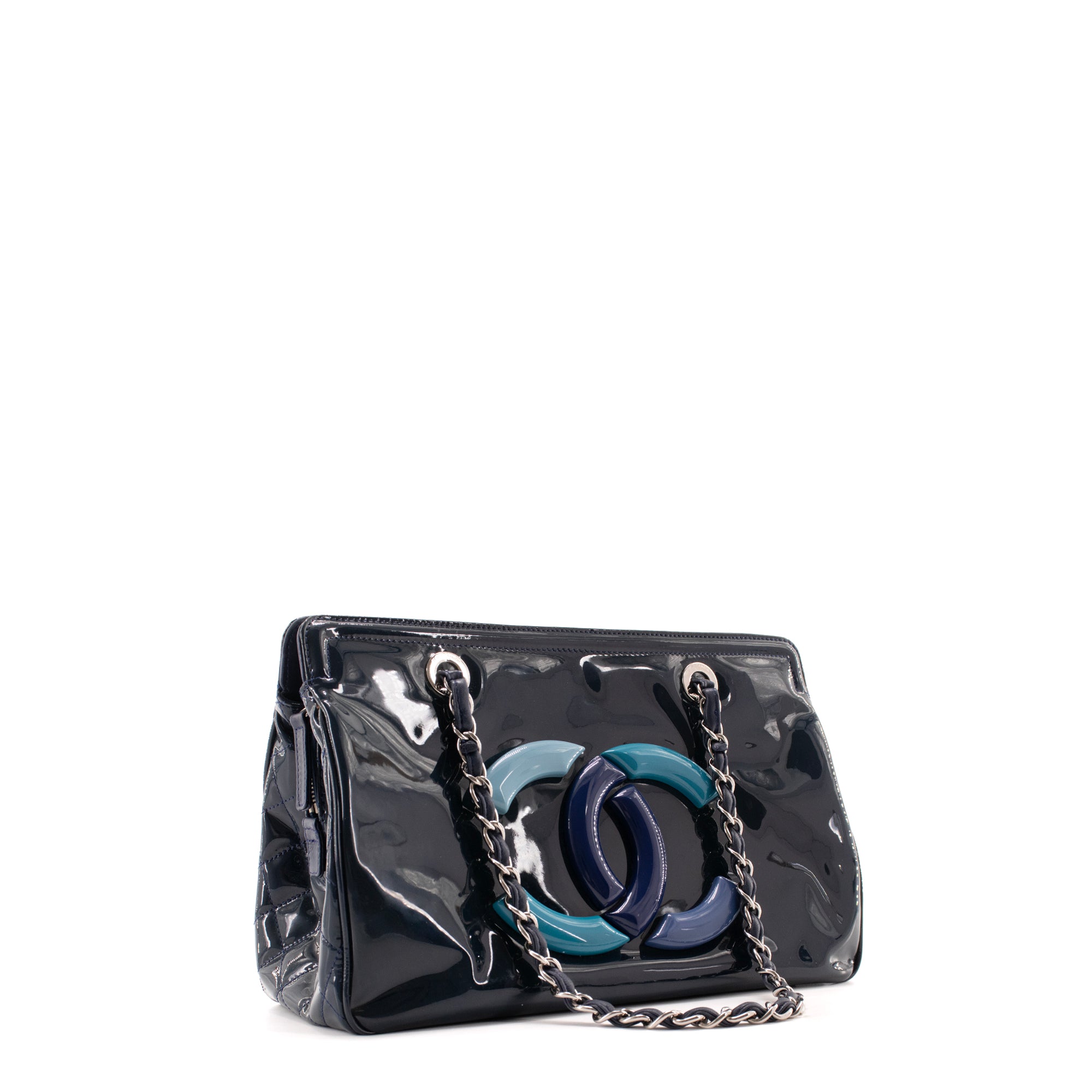 CHANEL - Sac cabas Lipstick CC Chanel en cuir verni bleu marine