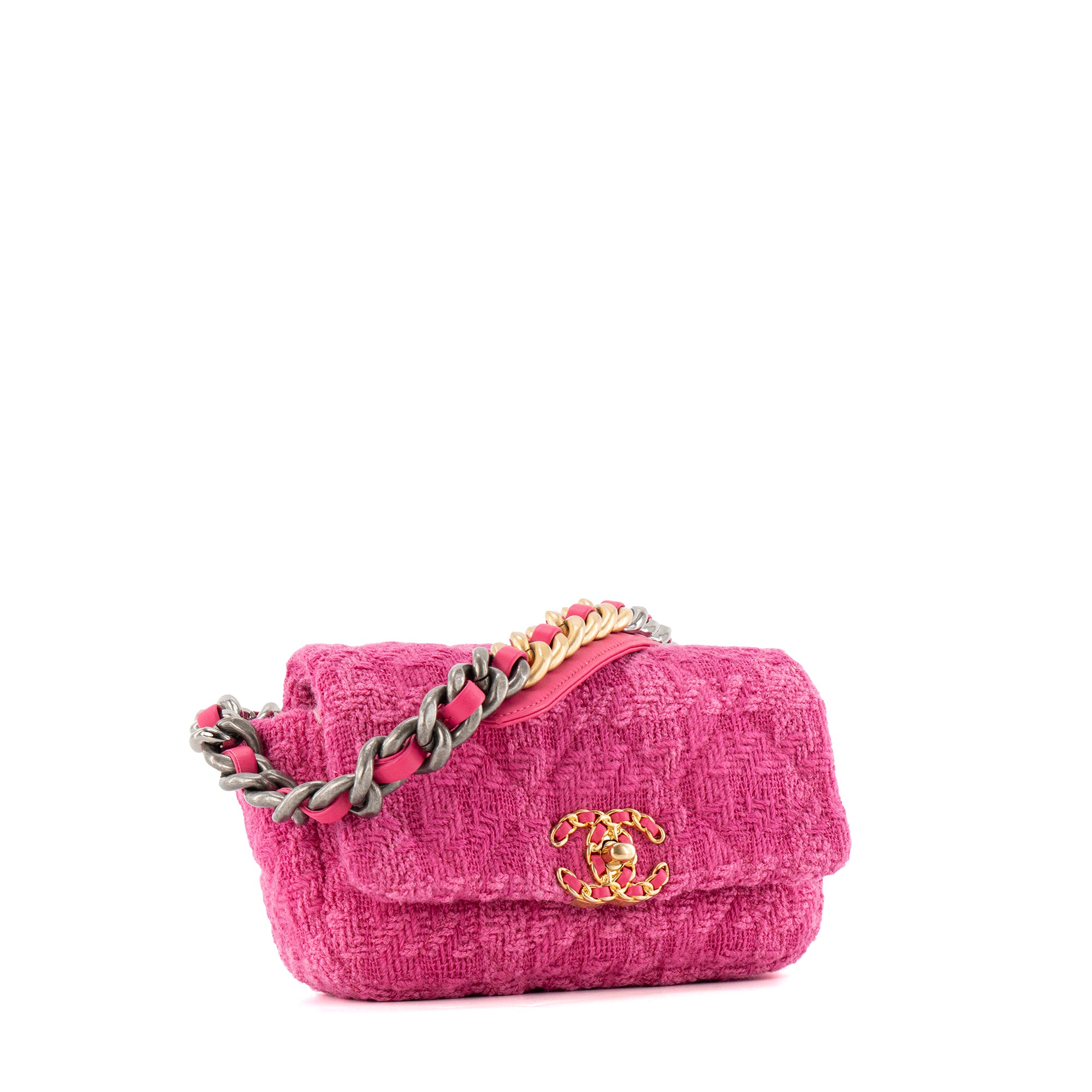 CHANEL - Sac ceinture Chanel 19 en tweed et cuir rose
