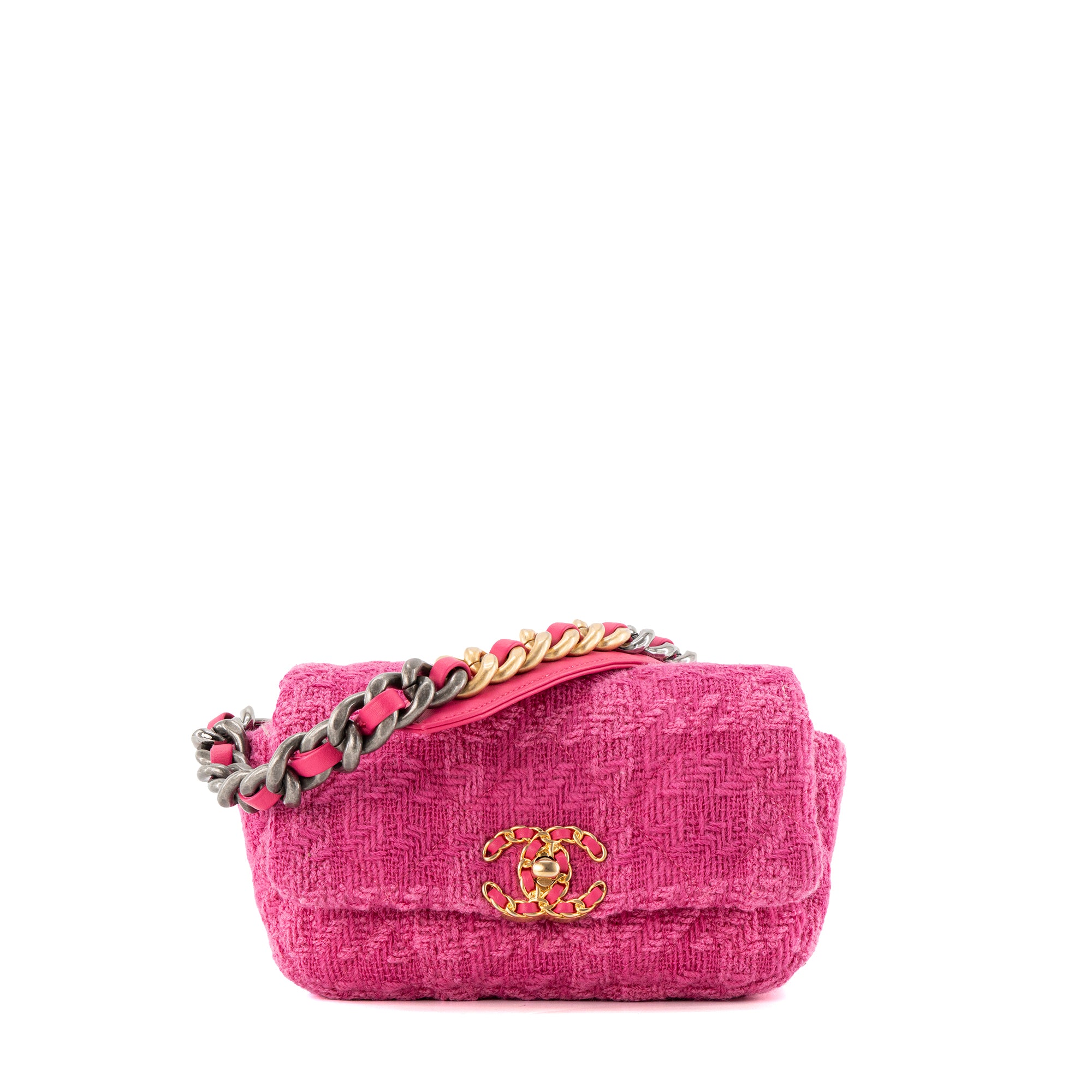 CHANEL - Sac ceinture Chanel 19 en tweed et cuir rose