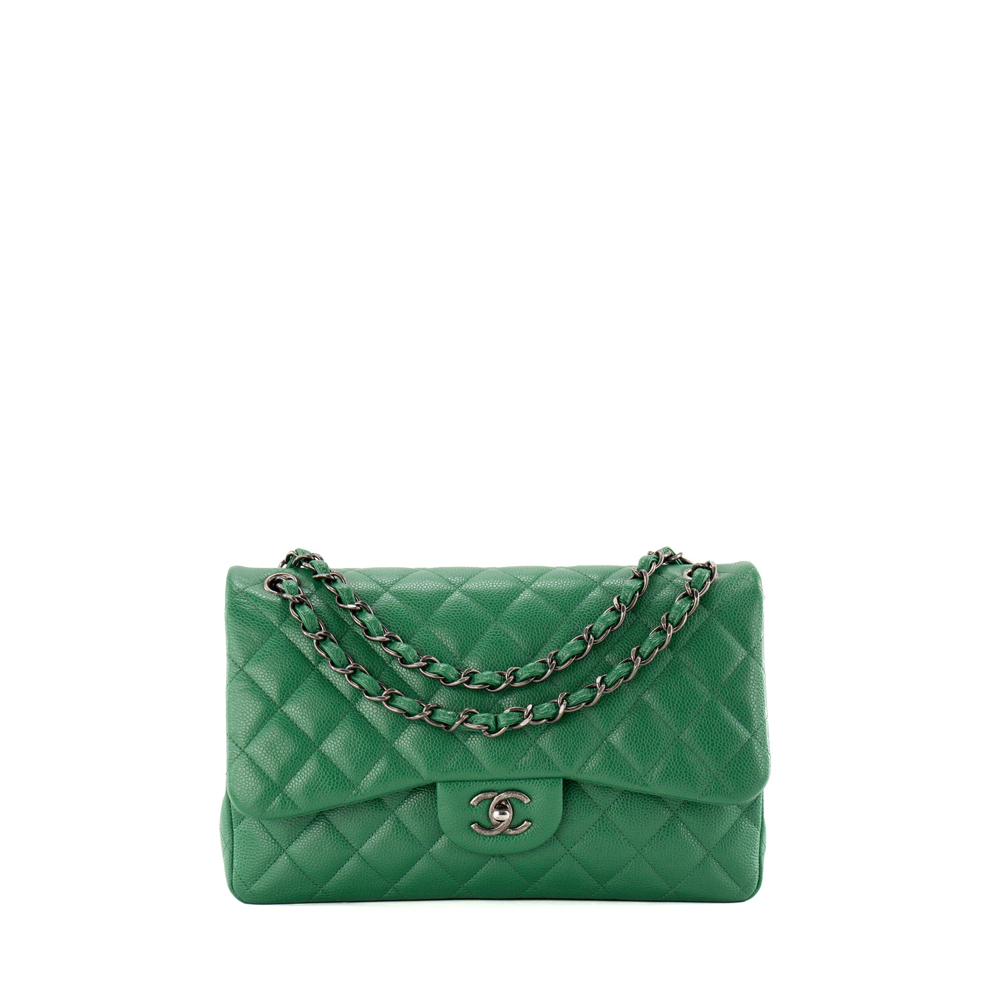 CHANEL - Sac à bandoulière Classique/Timeless Jumbo Chanel en cuir caviar vert