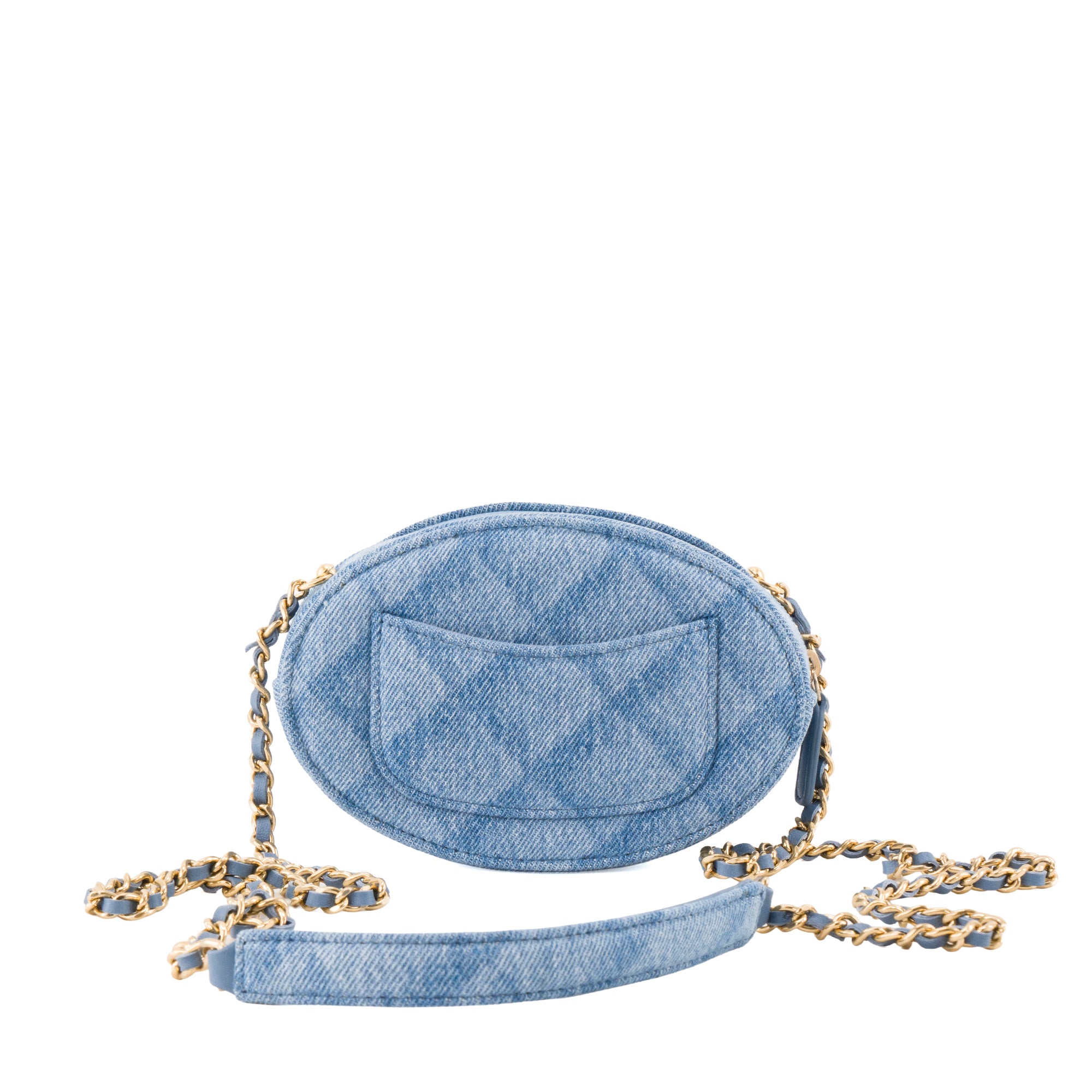 CHANEL - Sac à bandoulière Ovale CC Chanel en denim bleu et métal doré