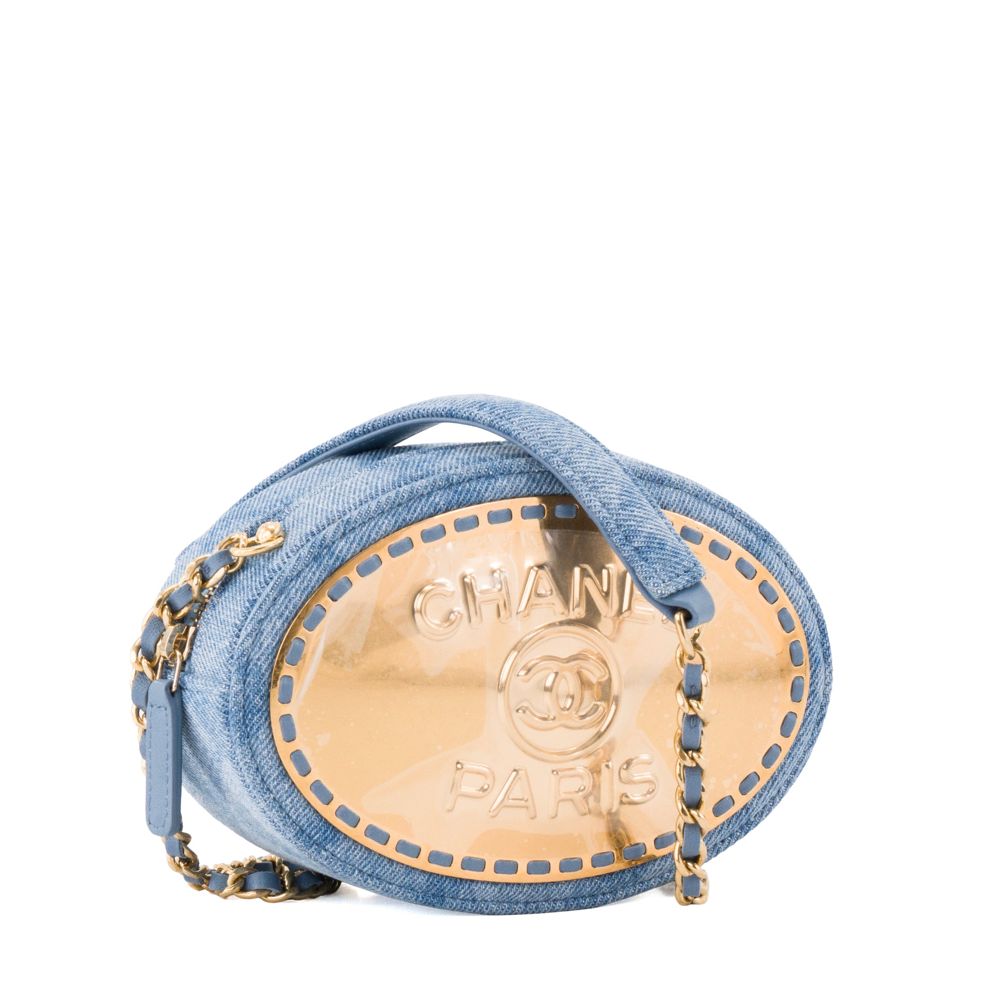 CHANEL - Sac à bandoulière Ovale CC Chanel en denim bleu et métal doré