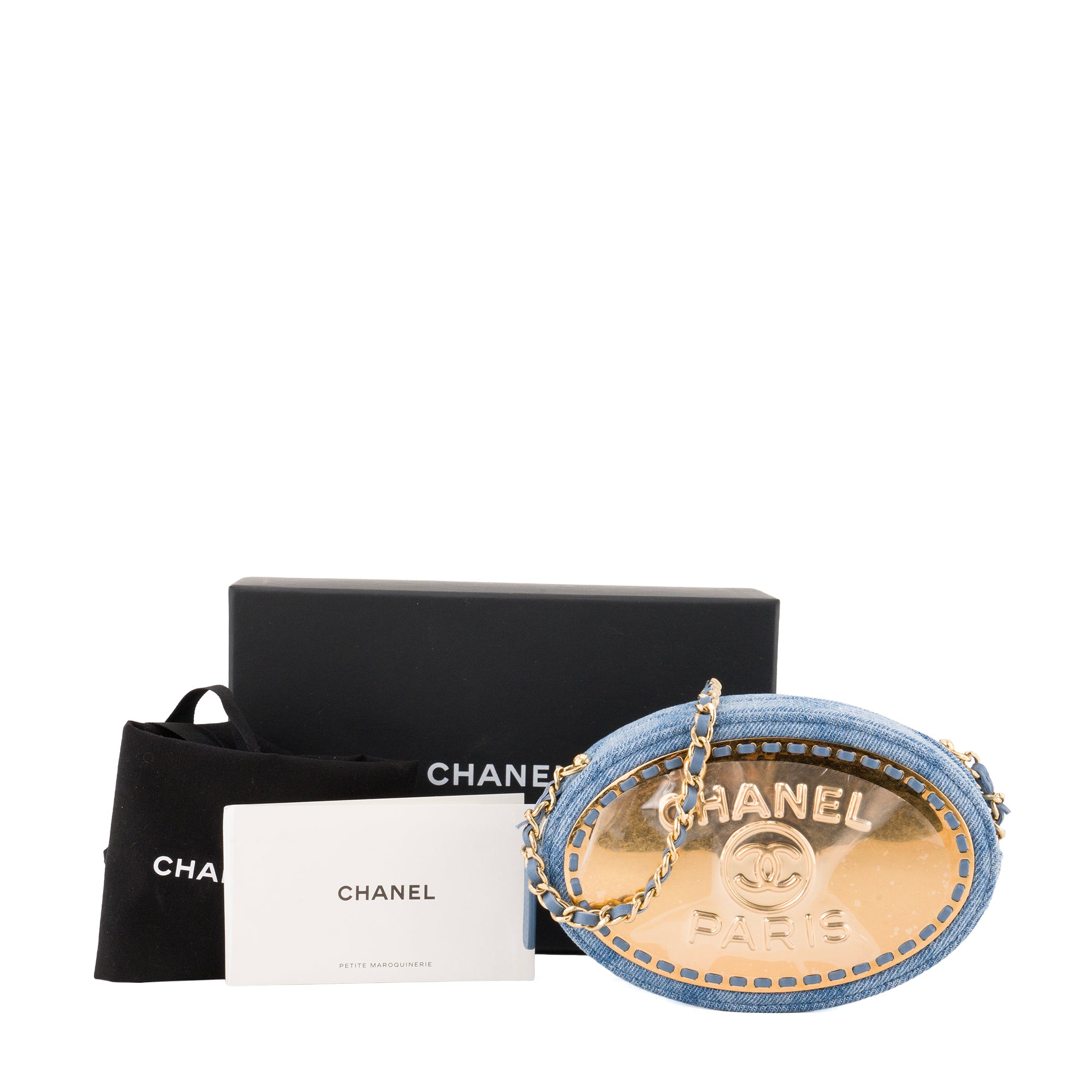 CHANEL - Sac à bandoulière Ovale CC Chanel en denim bleu et métal doré