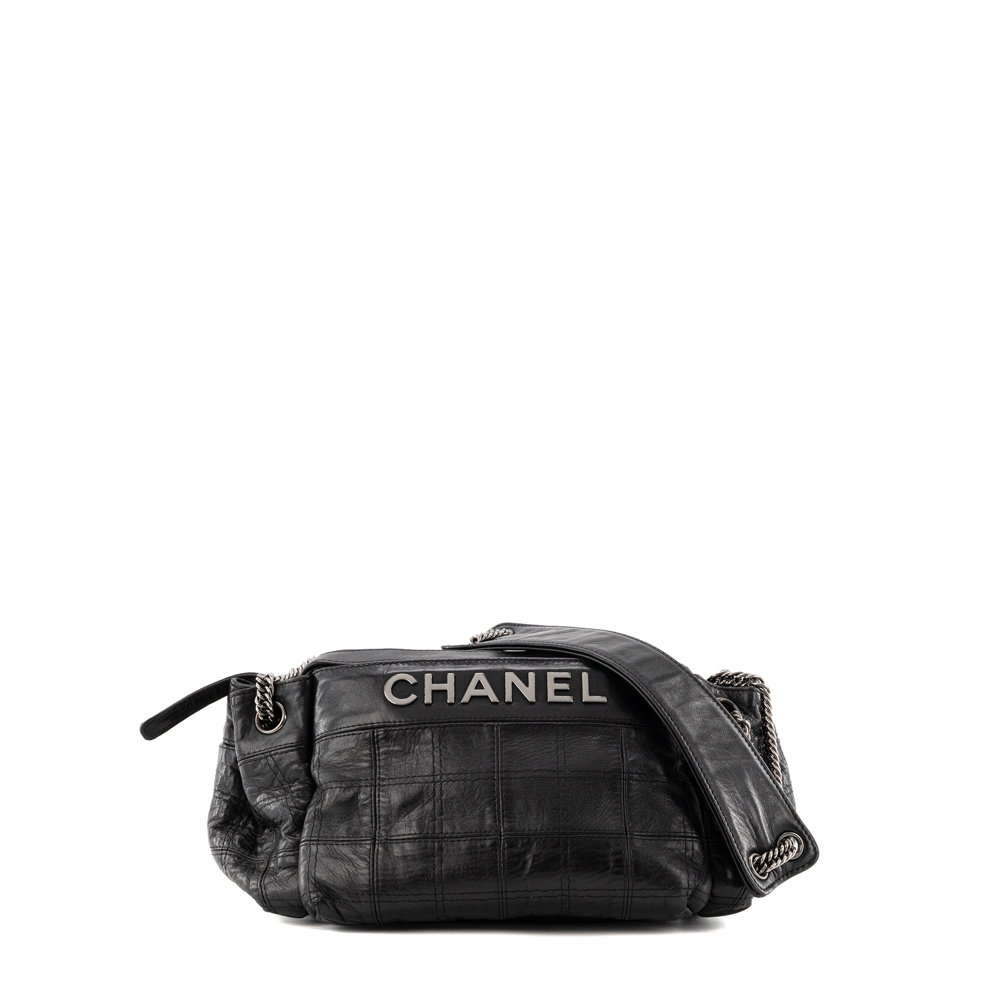 CHANEL - Sac à épaule Lax Accordion Chanel en cuir lisse noir