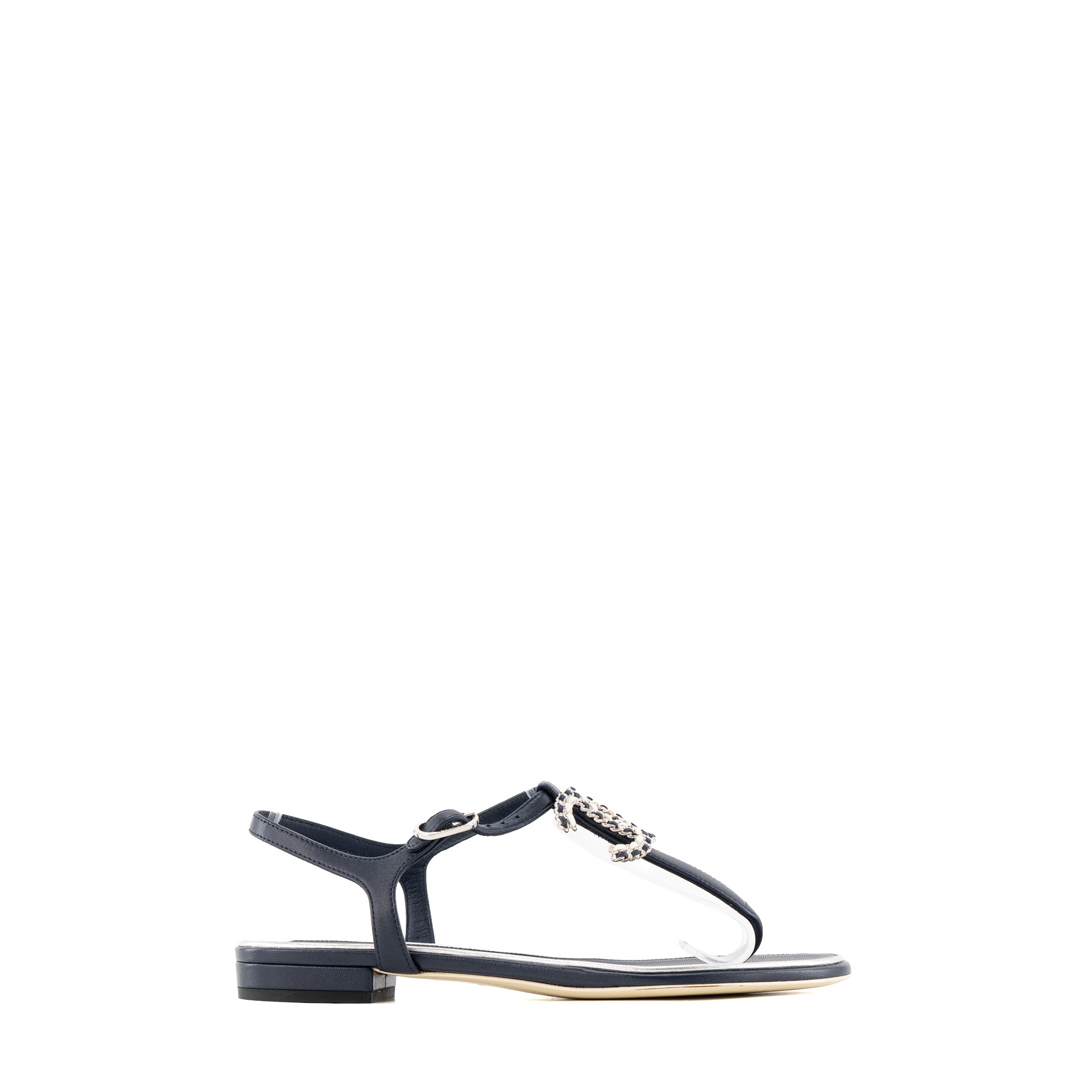 CHANEL - Sandales CC Chanel en cuir lisse bleu marine (T36C)