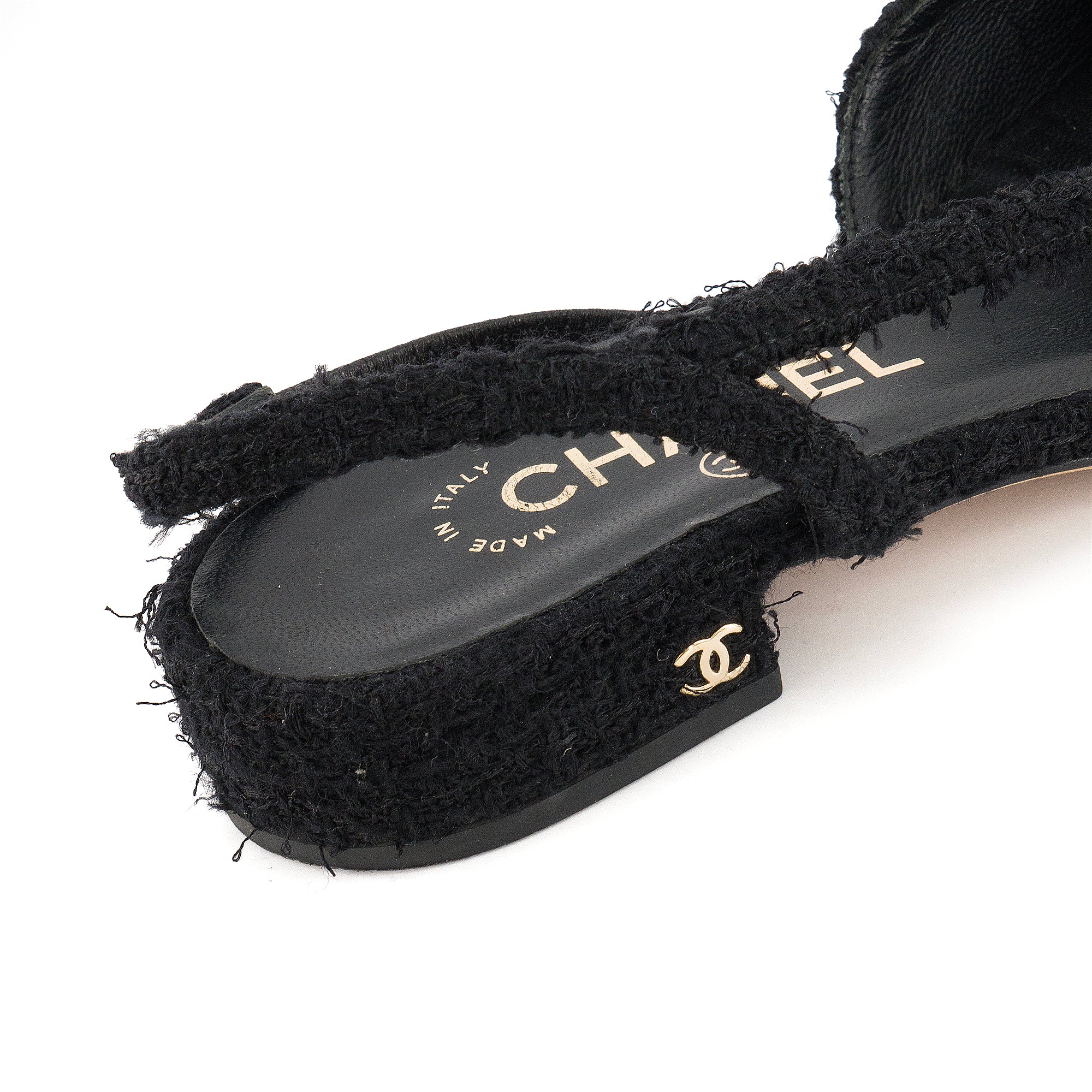 CHANEL - Sandales Slingback Chanel en tweed noir (T37,5 C)