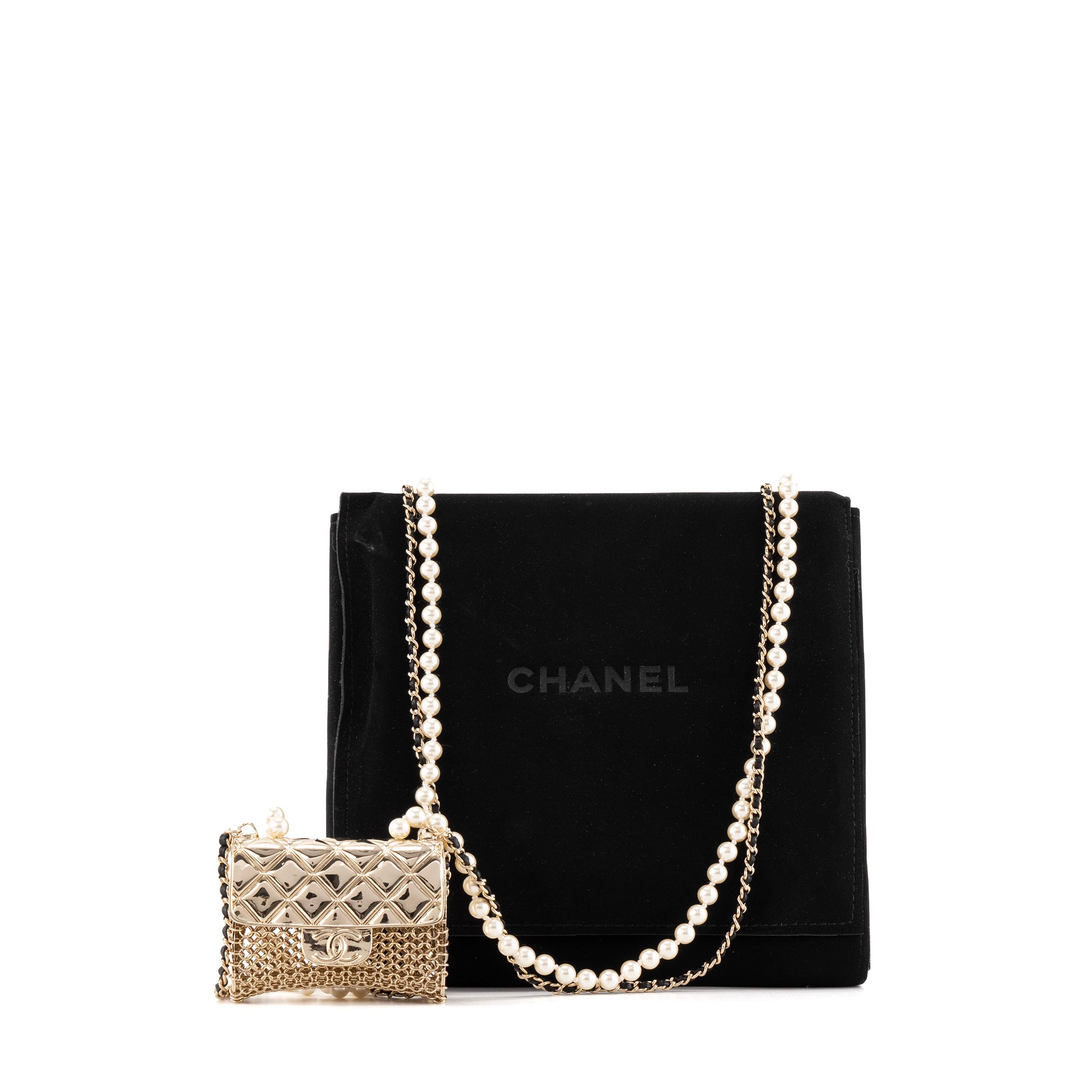 CHANEL - Sautoir Micro Bag Chanel en métal doré champagne