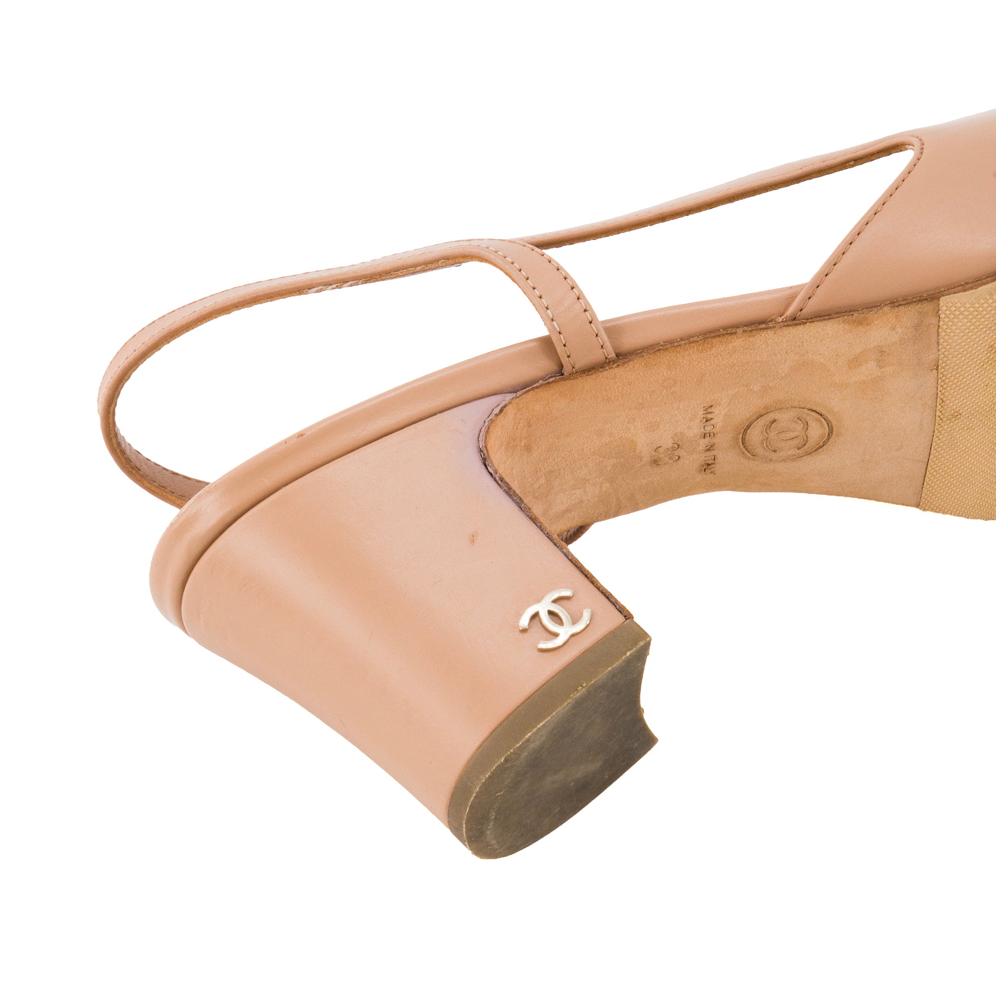 CHANEL - Slingbacks à talon Chanel en cuir lisse rose ancien (T38)