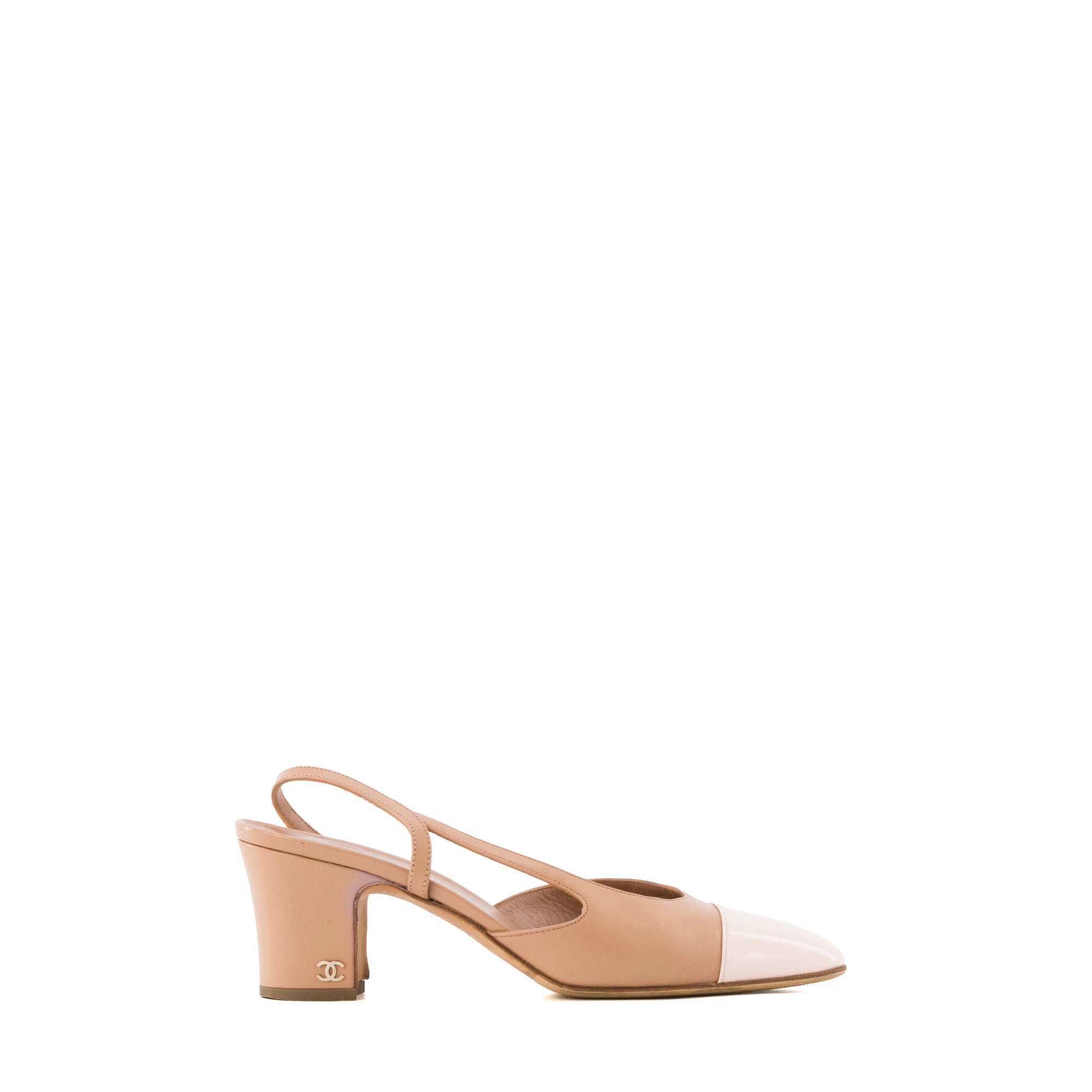 CHANEL - Slingbacks à talon Chanel en cuir lisse rose ancien (T38)