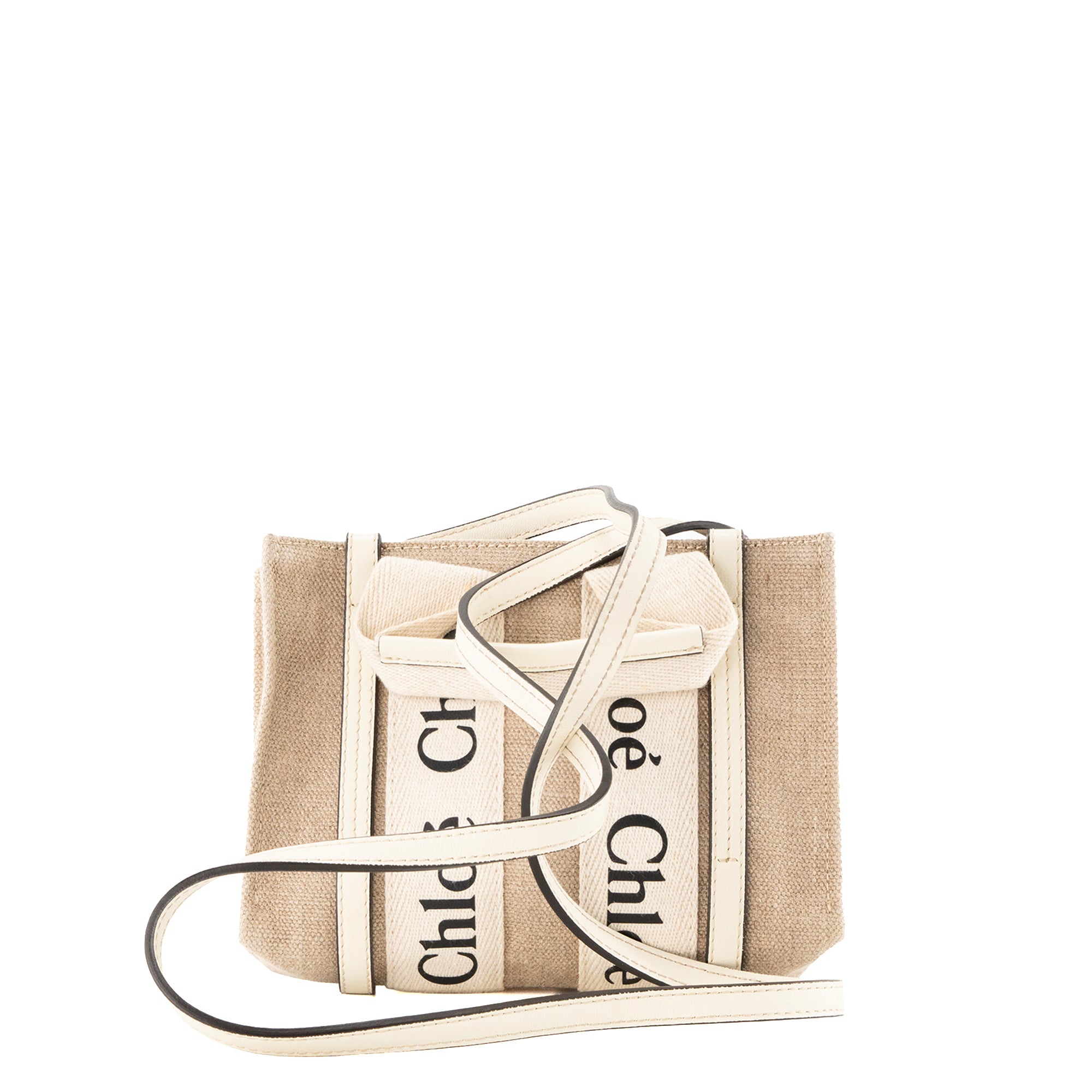 CHLOÉ - Sac à bandoulière Cabas Woody mini Chloé en toile et cuir beige