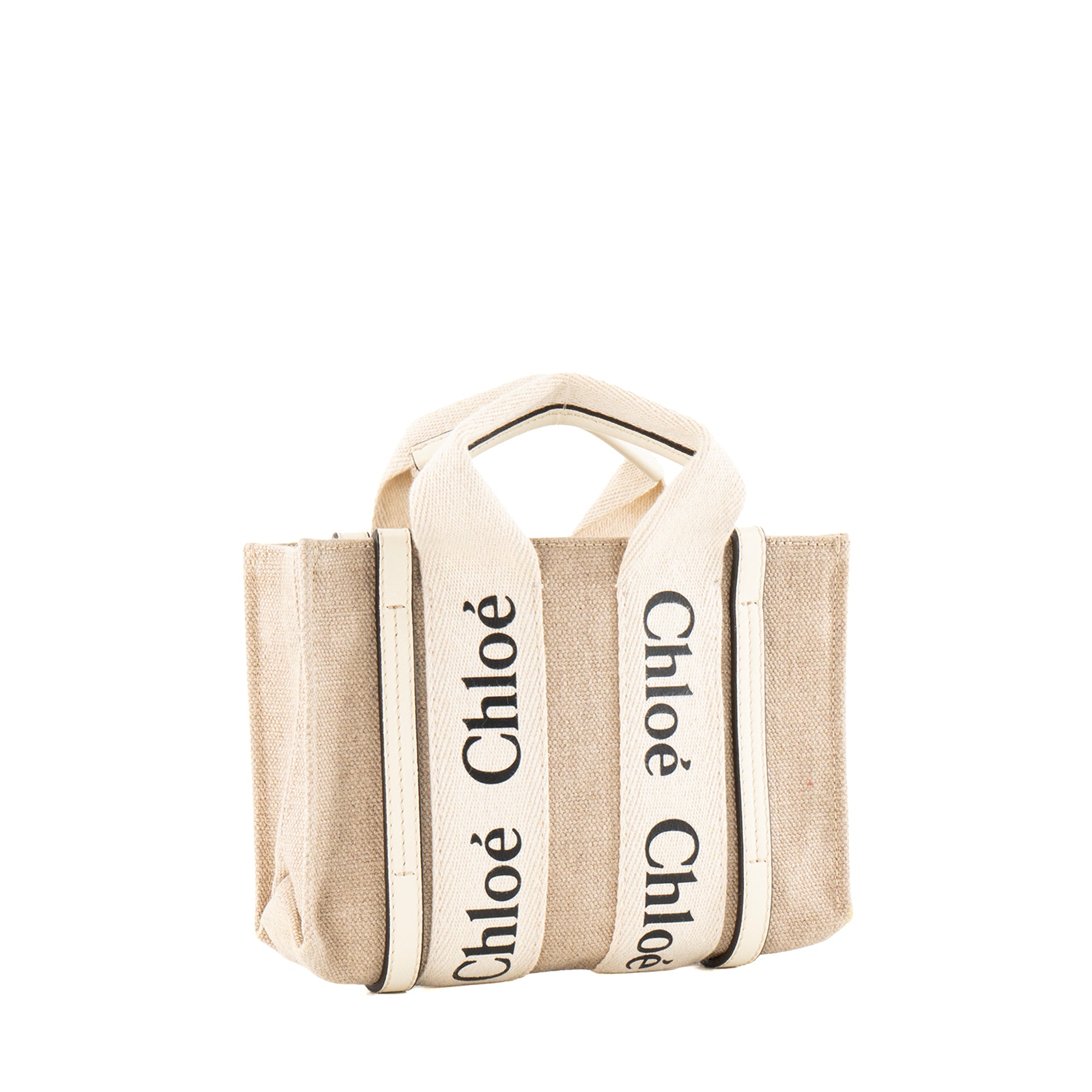 CHLOÉ - Sac à bandoulière Cabas Woody mini Chloé en toile et cuir beige