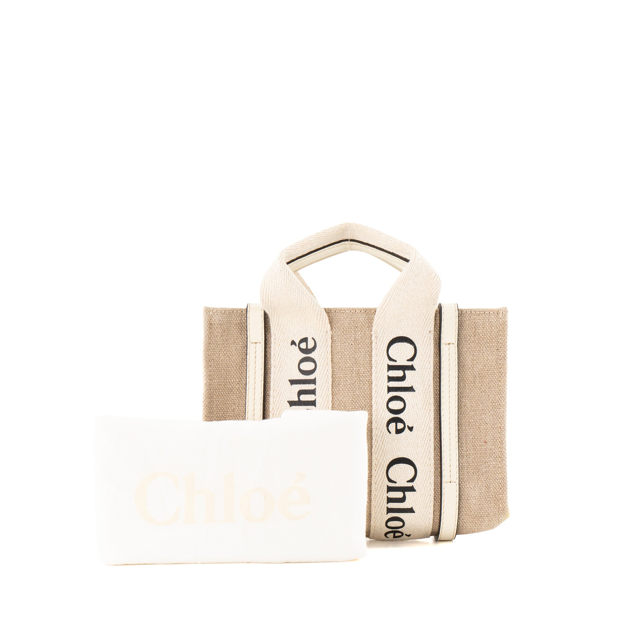 CHLOÉ - Sac à bandoulière Cabas Woody mini Chloé en toile et cuir beige