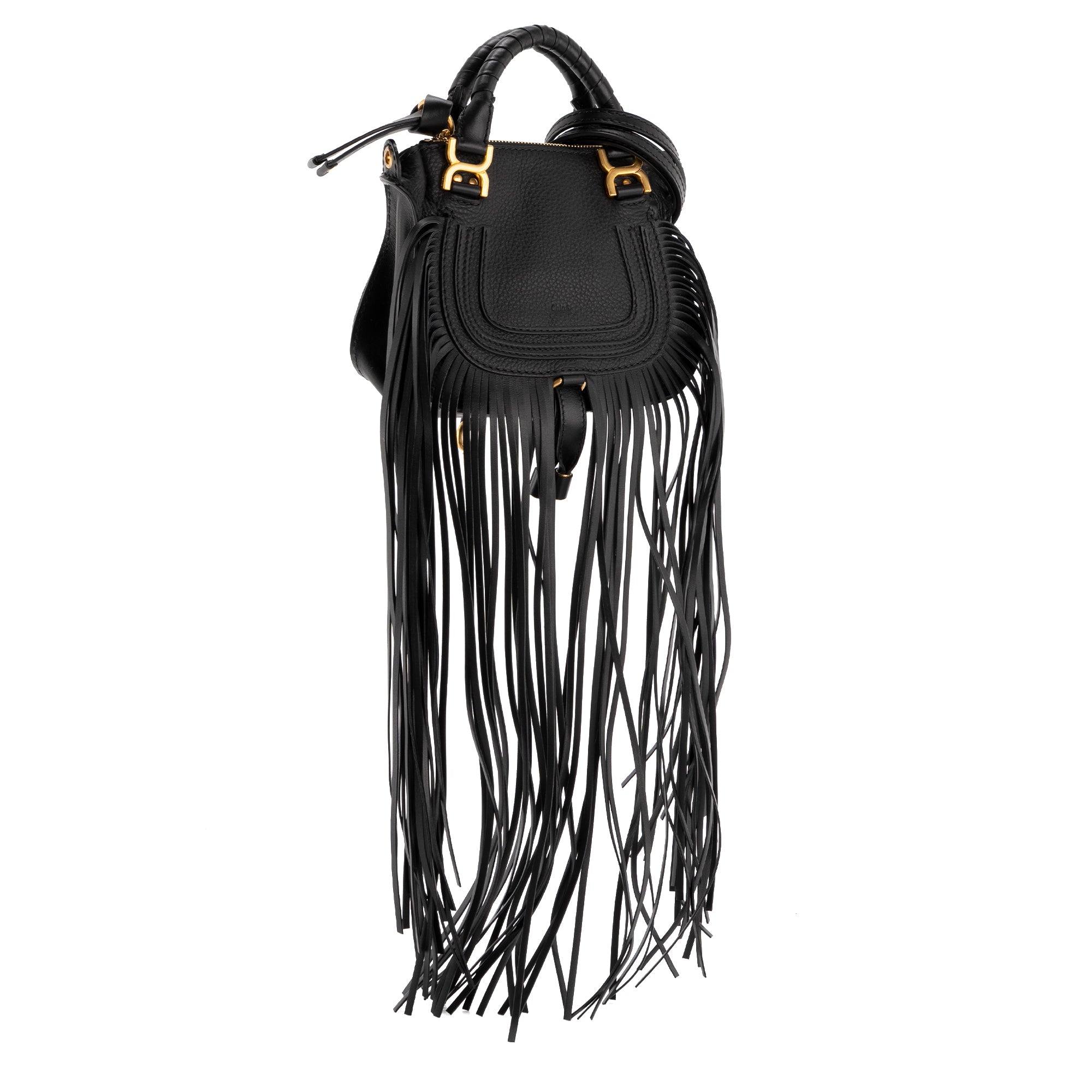 CHLOÉ - Sac à bandoulière Marcie à franges Chloé en cuir noir