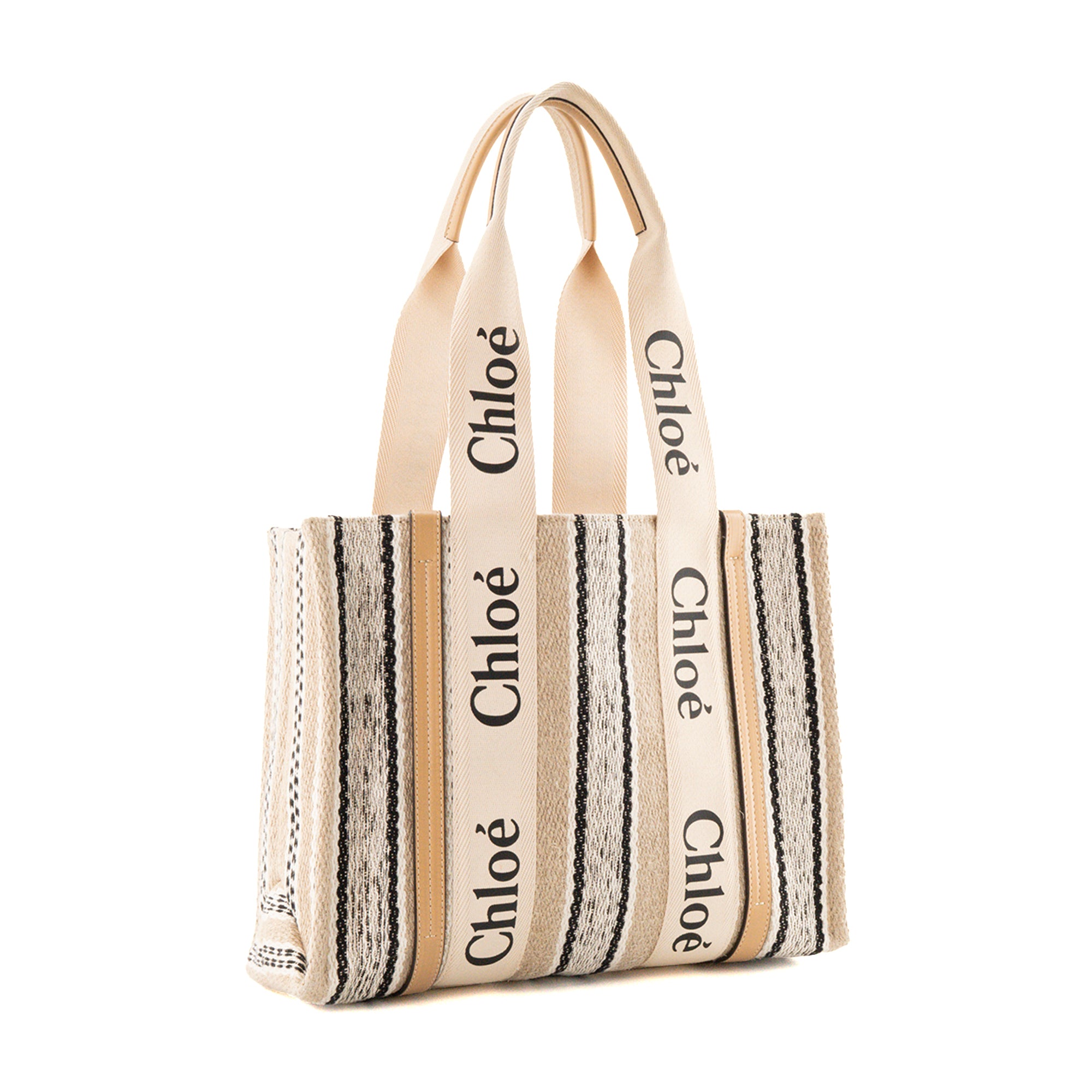 CHLOÉ - Sac Cabas Woody Chloé en toile et cuir beige et noir