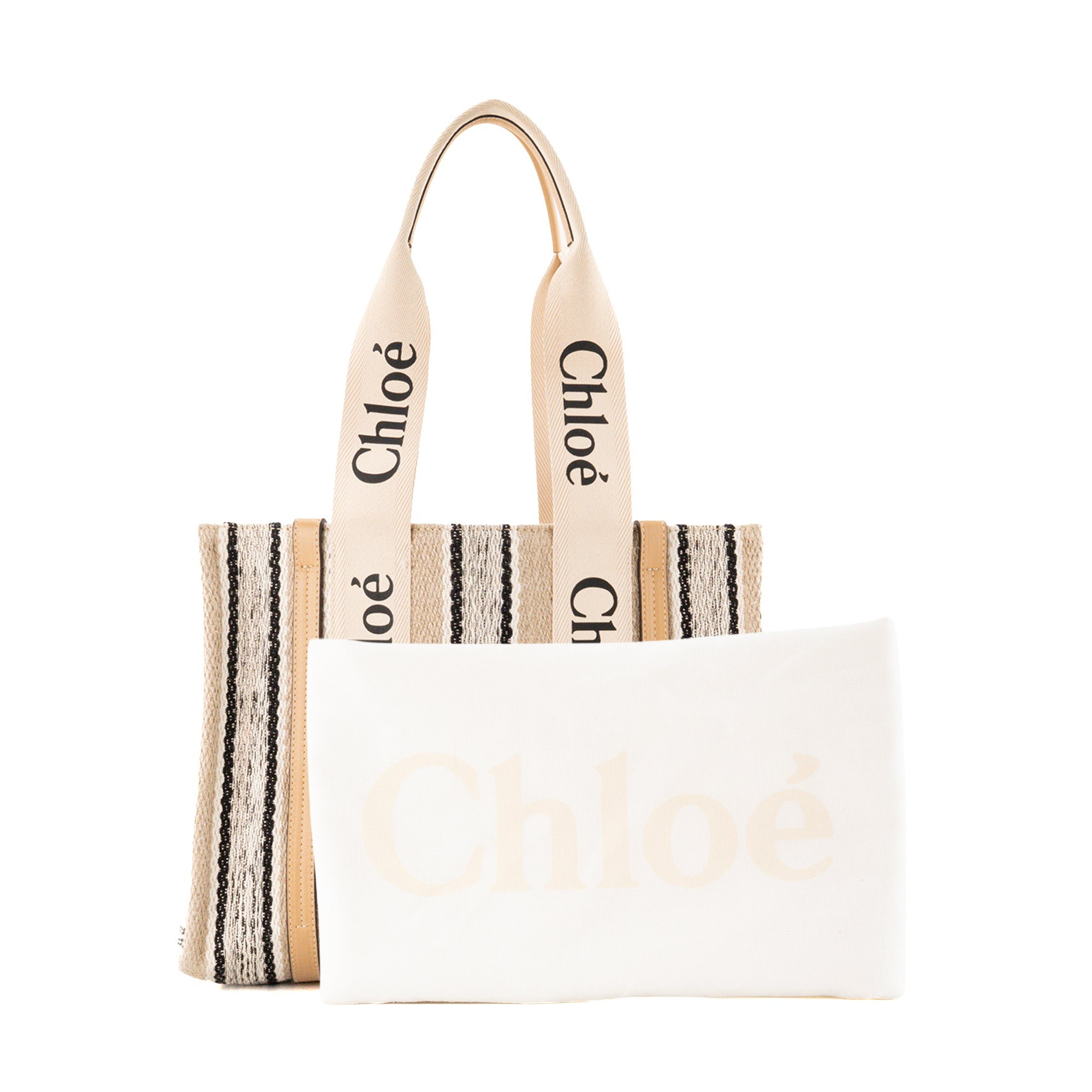 CHLOÉ - Sac Cabas Woody Chloé en toile et cuir beige et noir