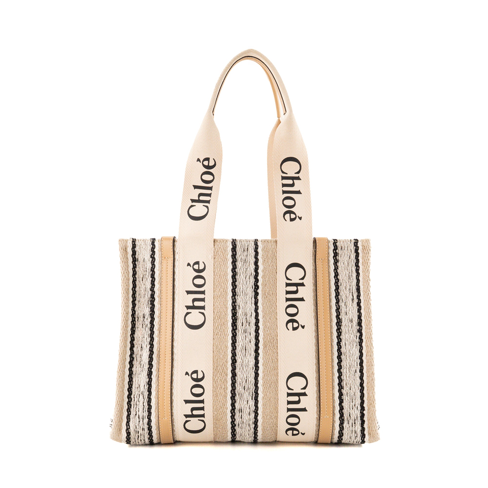 CHLOÉ - Sac Cabas Woody Chloé en toile et cuir beige et noir
