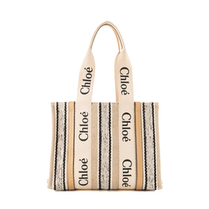 CHLOÉ - Sac Cabas Woody Chloé en toile et cuir beige et noir