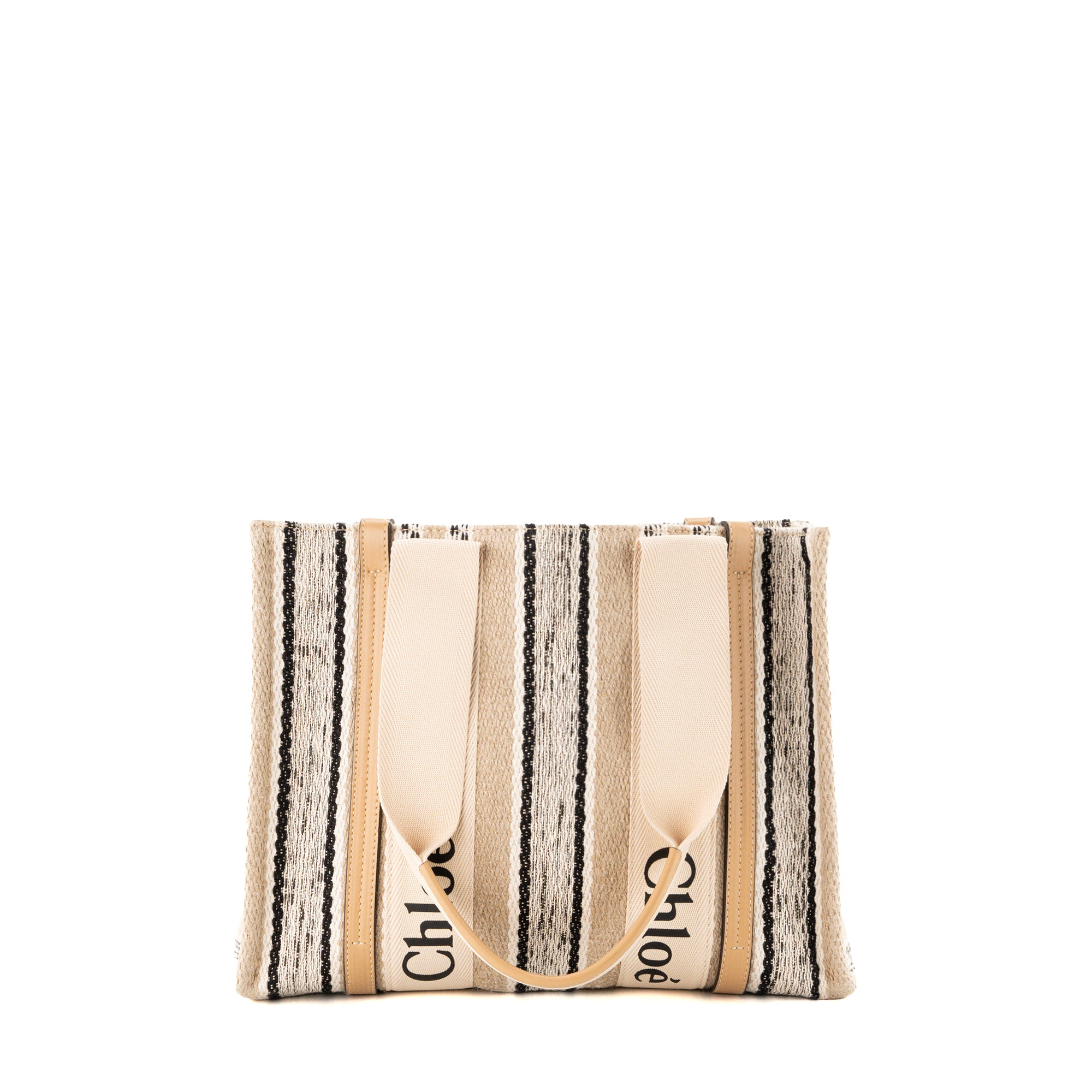 CHLOÉ - Sac Cabas Woody Chloé en toile et cuir beige et noir