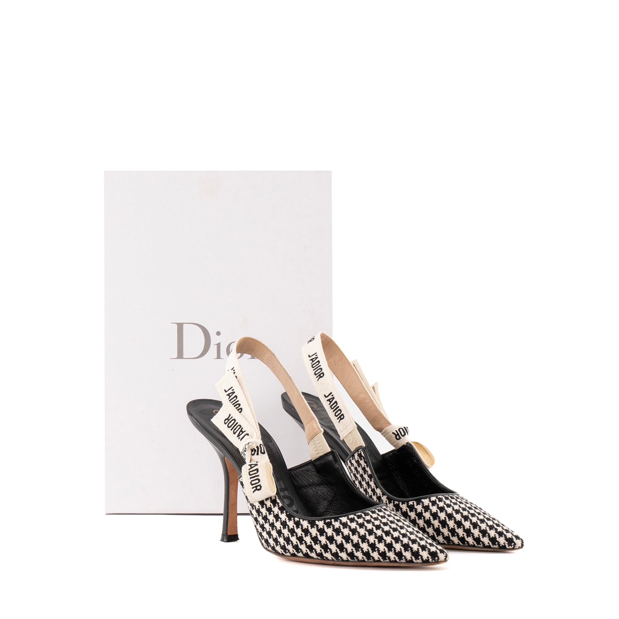 DIOR - Escarpins Slingback J'Adior Dior en toile pieds de poule blanche et noire (T39,5)