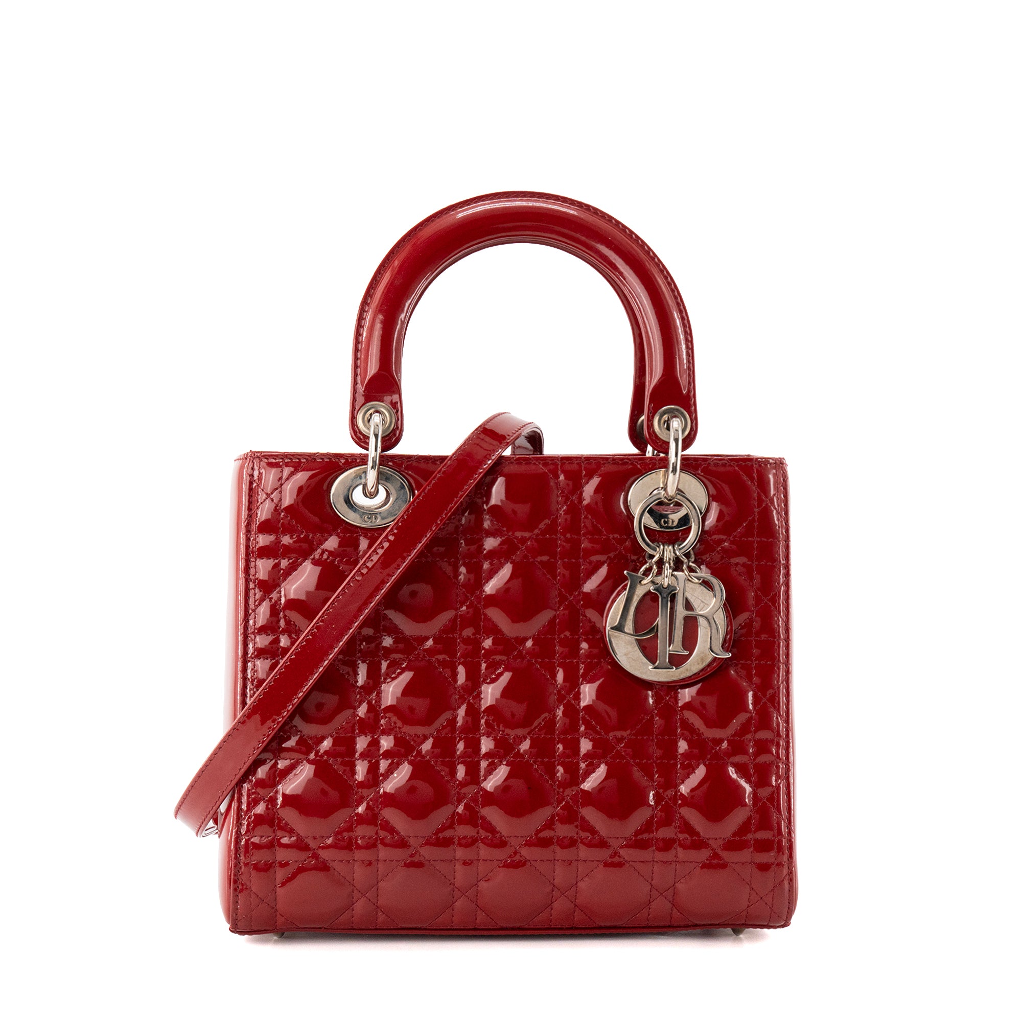 DIOR - Sac à main Lady Dior Medium Dior en cuir cannage verni rouge