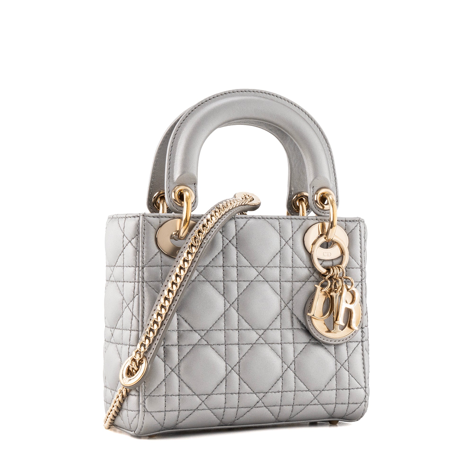 DIOR - Sac à bandoulière Lady Dior mini Dior en cuir cannage argenté