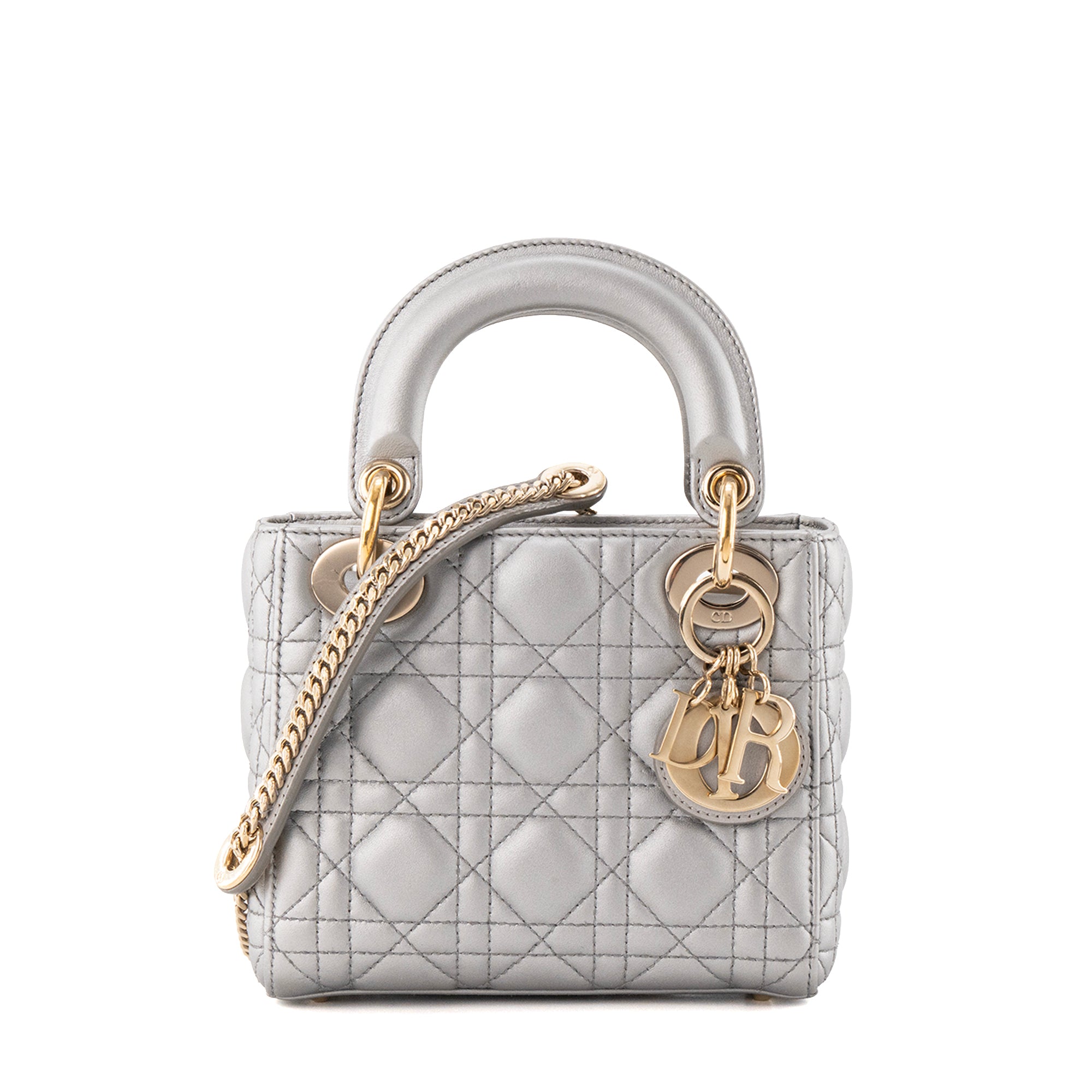 DIOR - Sac à bandoulière Lady Dior mini Dior en cuir cannage argenté