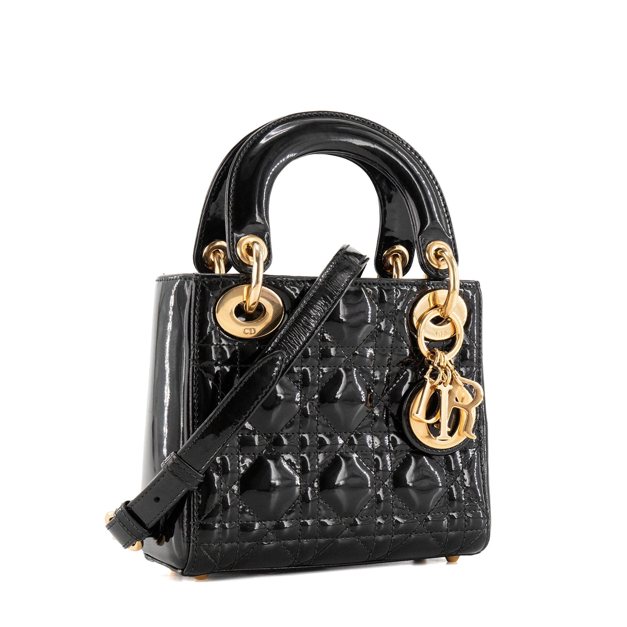 DIOR - Sac à bandoulière Lady Dior mini en cuir verni noir