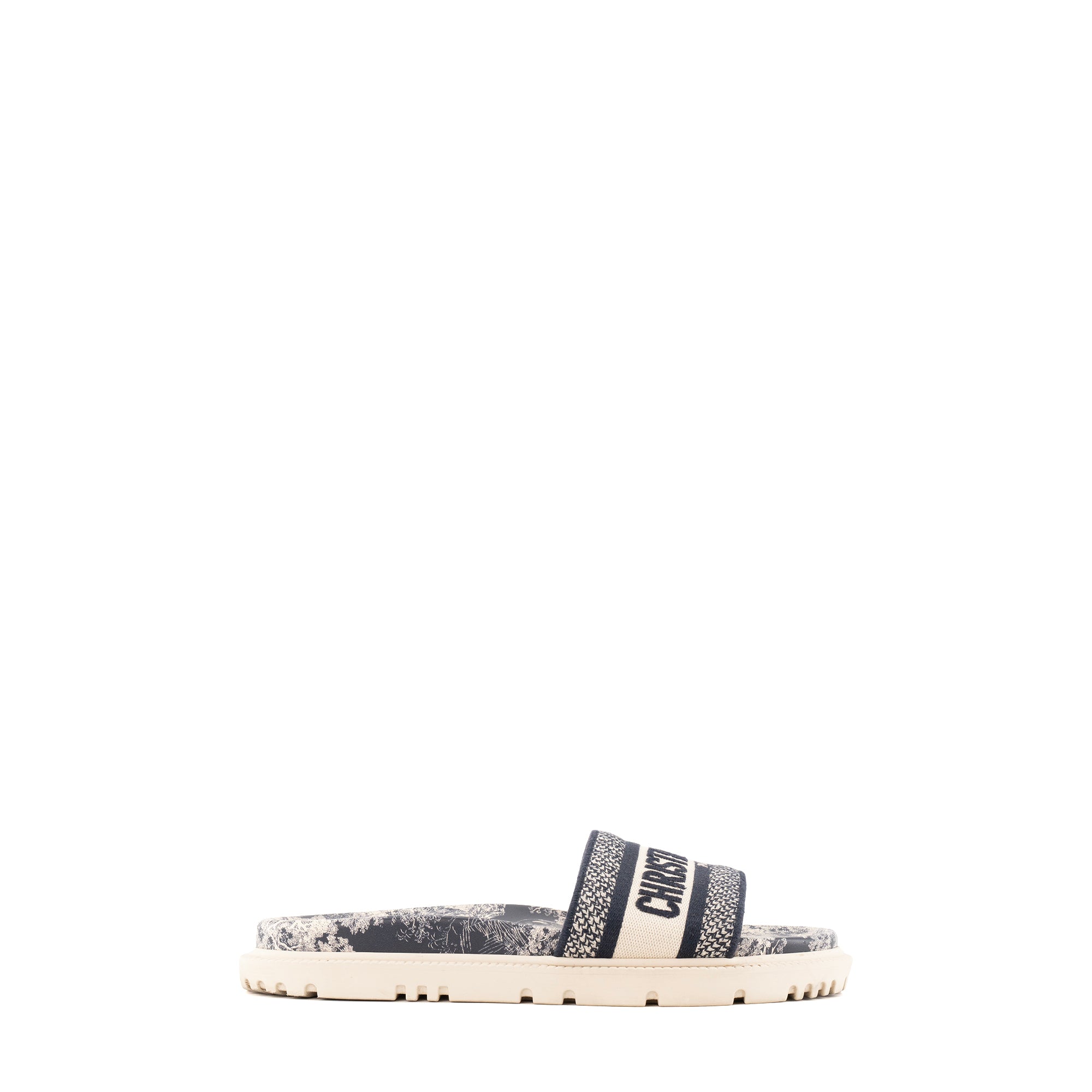 DIOR - Mules Dway Dior en toile et caoutchouc motif toile de jouy bleu marine et beige (T39)