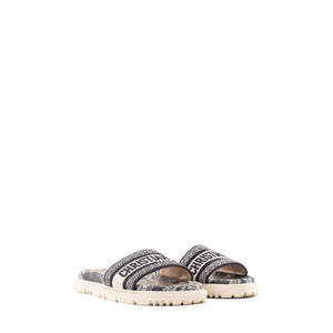 DIOR - Mules Dway Dior en toile et caoutchouc motif toile de jouy bleu marine et beige (T39)