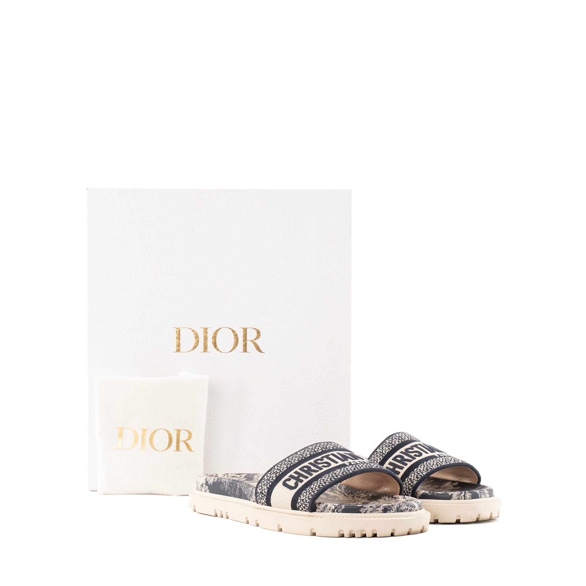 DIOR - Mules Dway Dior en toile et caoutchouc motif toile de jouy bleu marine et beige (T39)