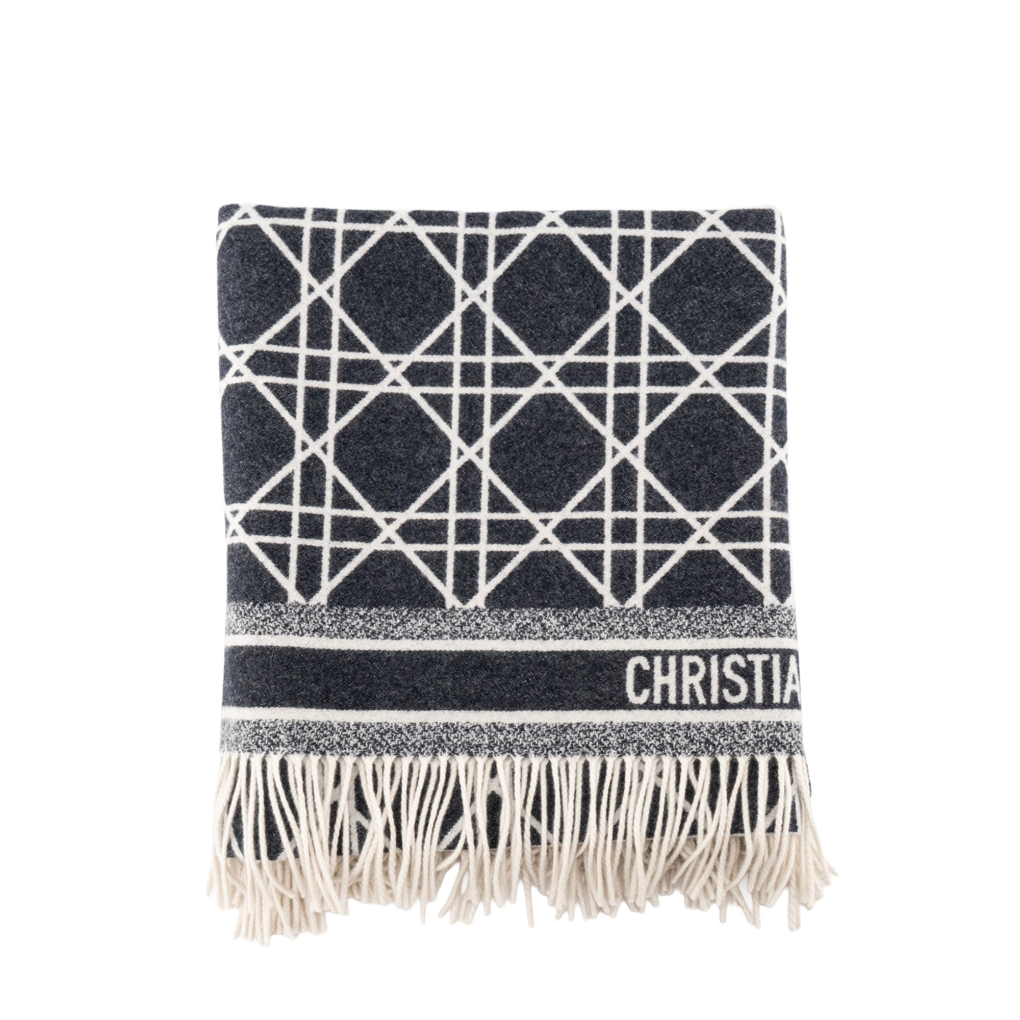 DIOR - Plaid Macro Cannage Dior en cachemire beu marine et blanc
