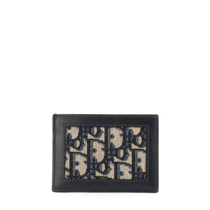 DIOR - Porte cartes Dior en toile Jacquard Oblique beige et cuir lisse bleu marine