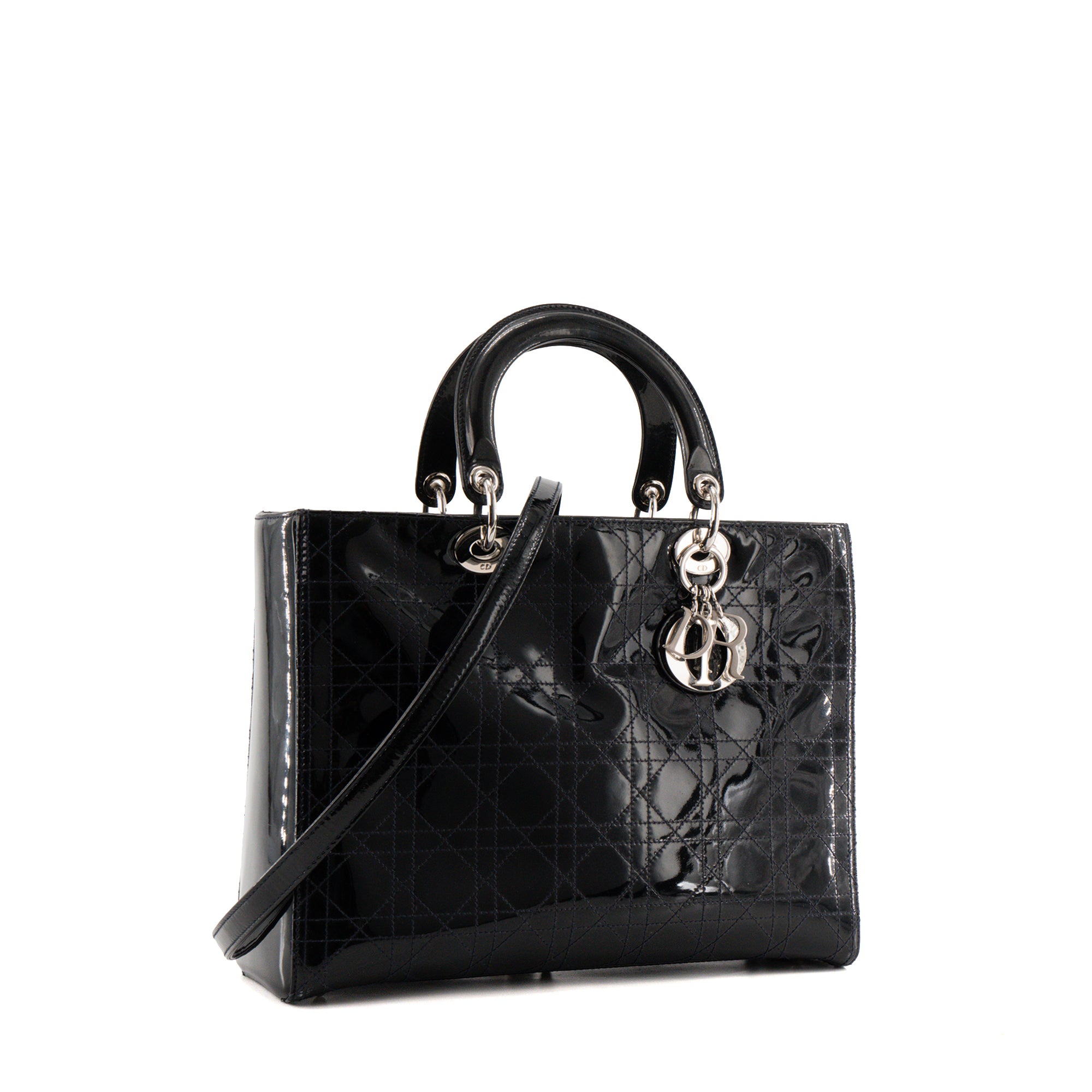 DIOR - Sac à à main Lady Dior Large en cuir cannage verni noir vintage