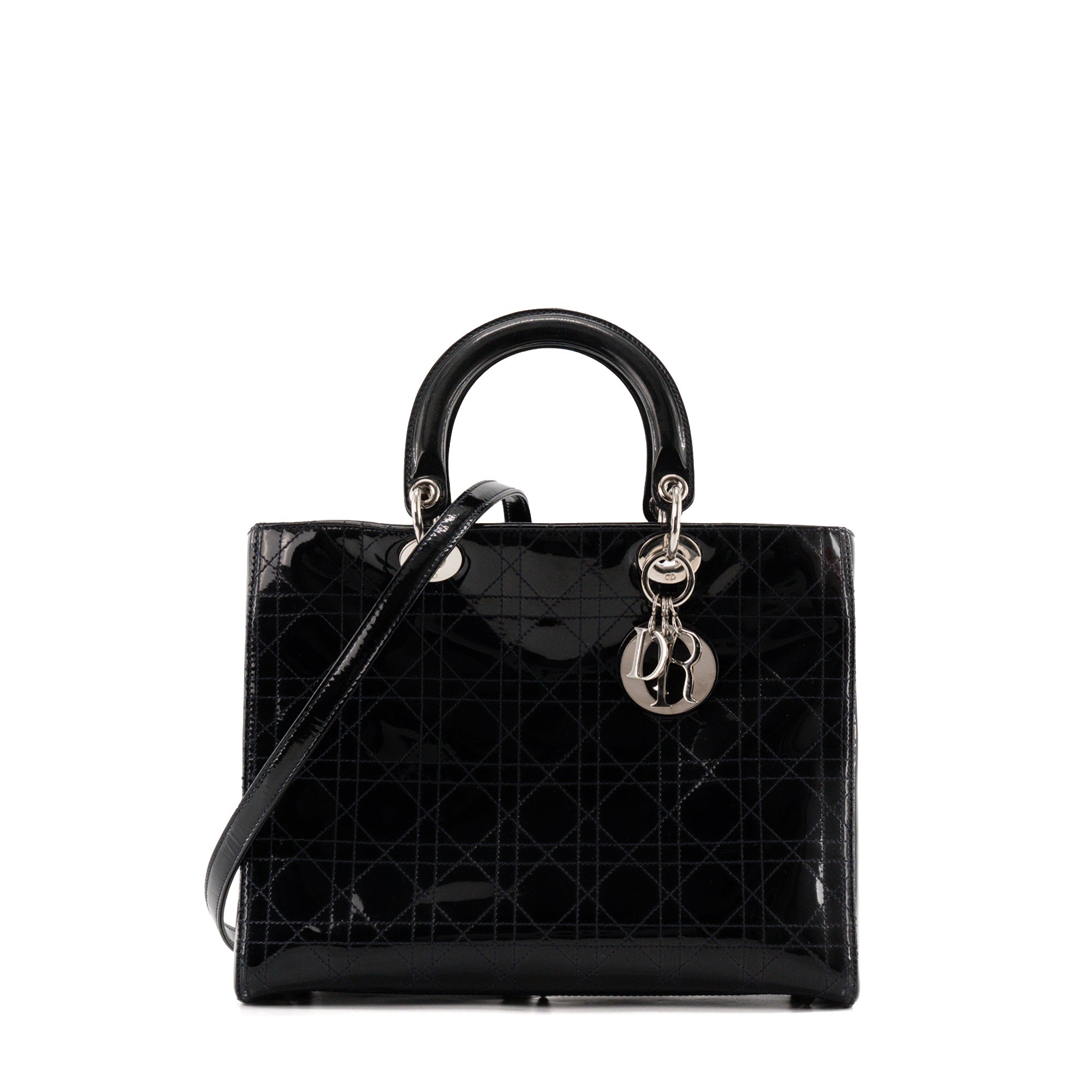 DIOR - Sac à à main Lady Dior Large en cuir cannage verni noir vintage