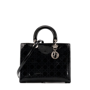 DIOR - Sac à à main Lady Dior Large en cuir cannage verni noir vintage