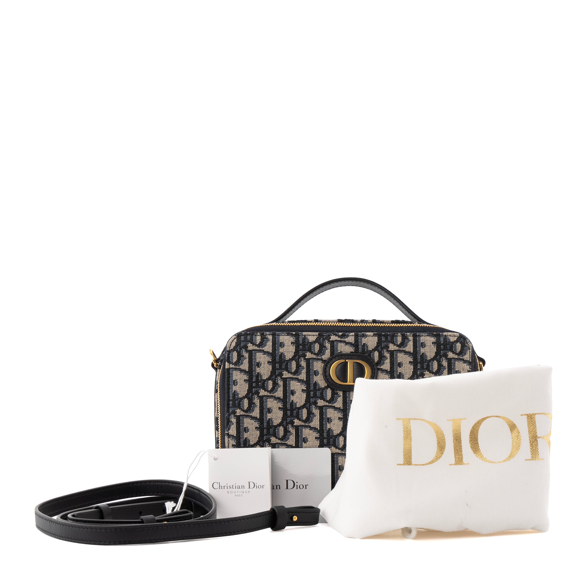 DIOR - Sac à bandoulière 30 Montaigne Pouch Dior en toile Dior Oblique bleu marine et beige