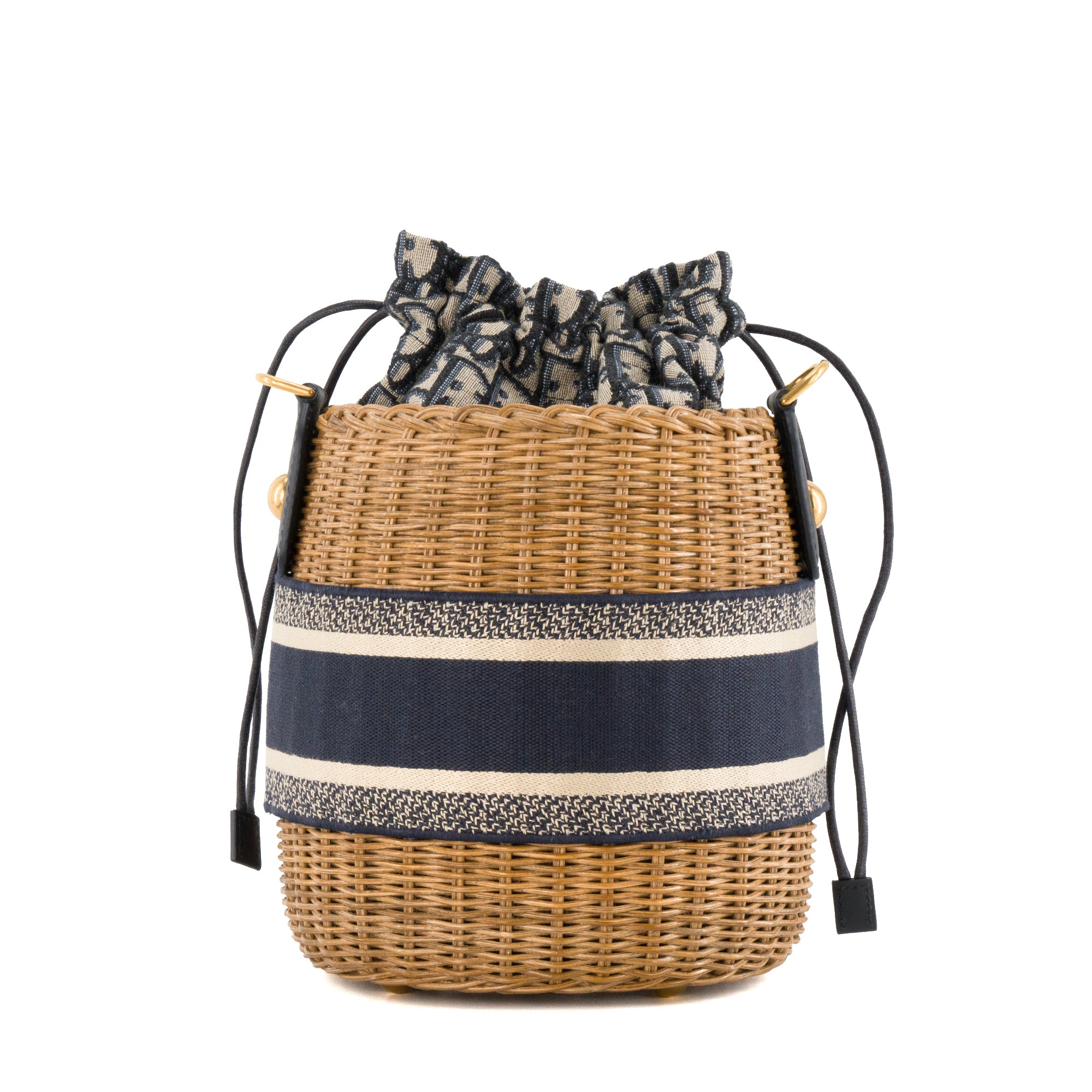 DIOR - Sac à bandoulière Bucket Dior en osier et toile bleu marine