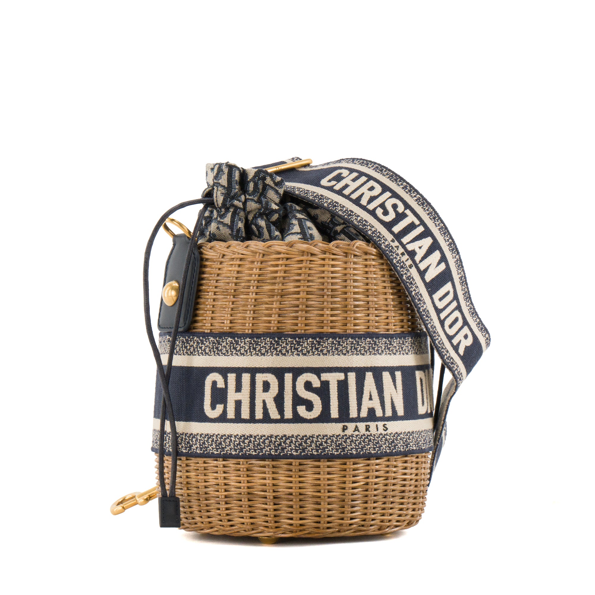 DIOR - Sac à bandoulière Bucket Dior en osier et toile bleu marine