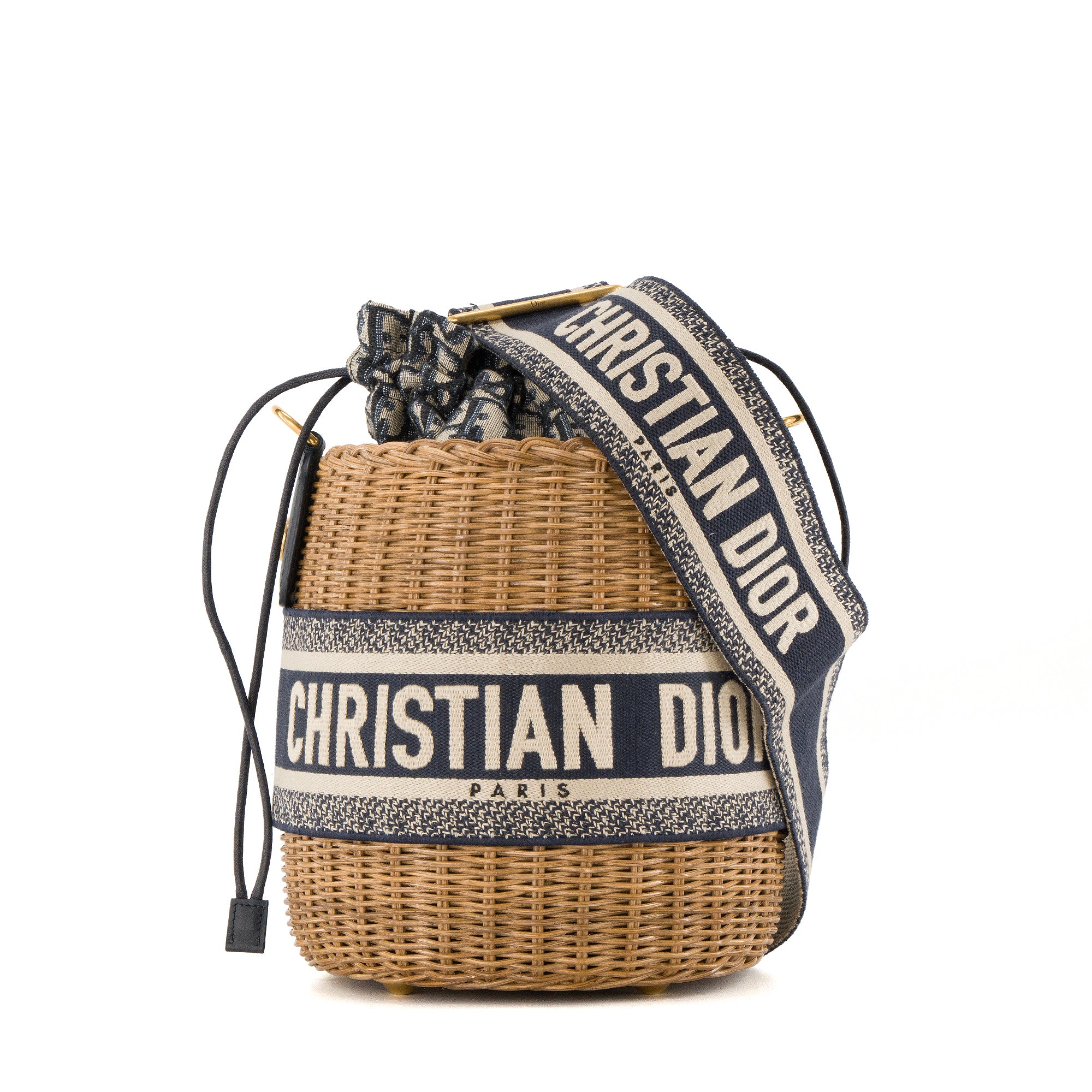 DIOR - Sac à bandoulière Bucket Dior en osier et toile bleu marine