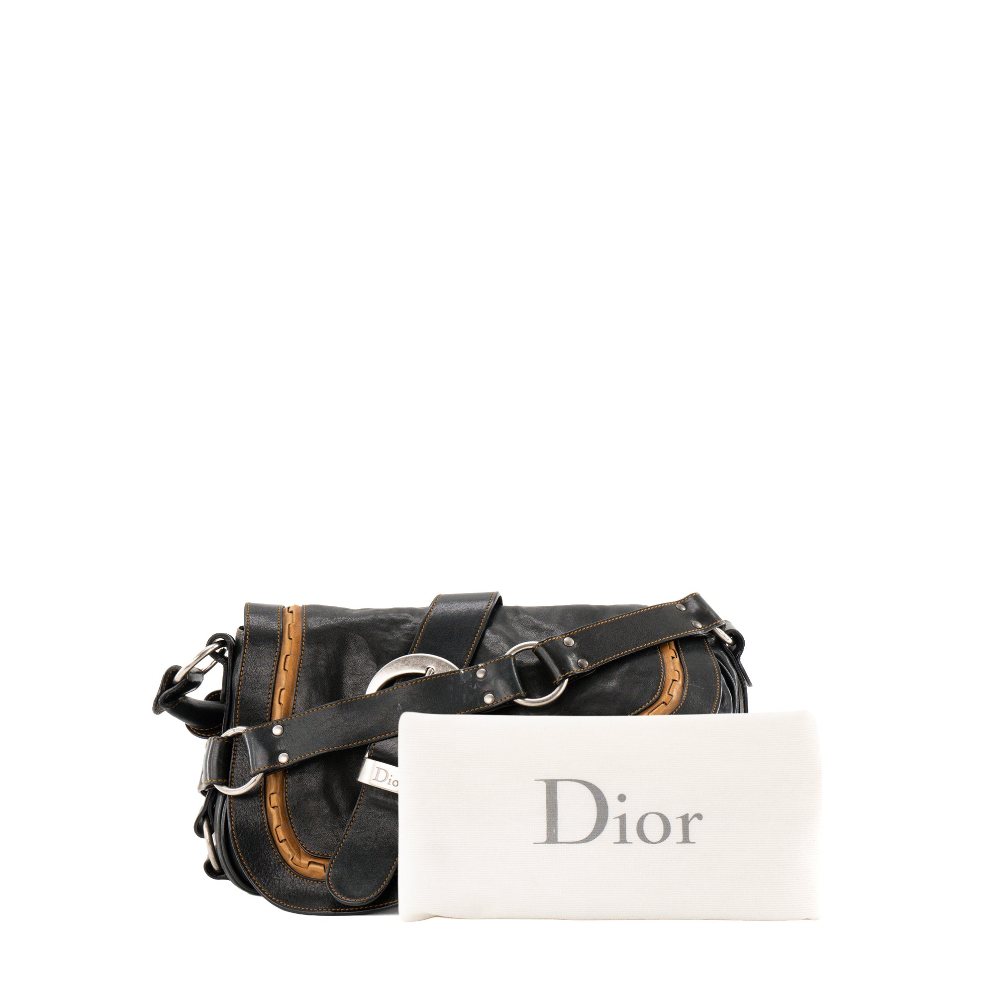 DIOR - Sac à bandoulière Gaucho Dior en cuir lisse noir et marron vintage
