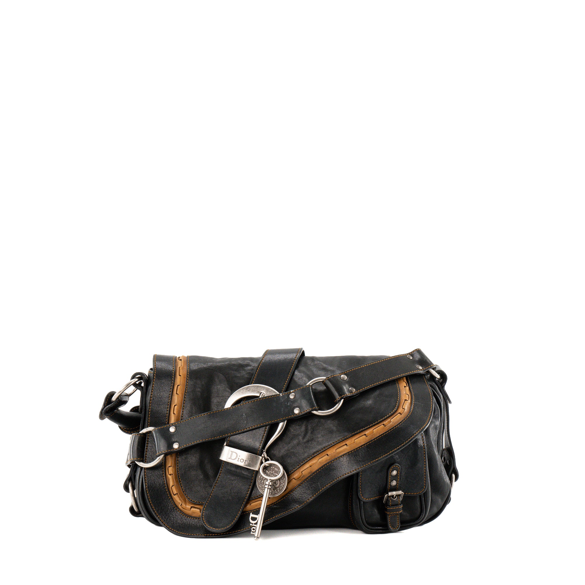 DIOR - Sac à bandoulière Gaucho Dior en cuir lisse noir et marron vintage