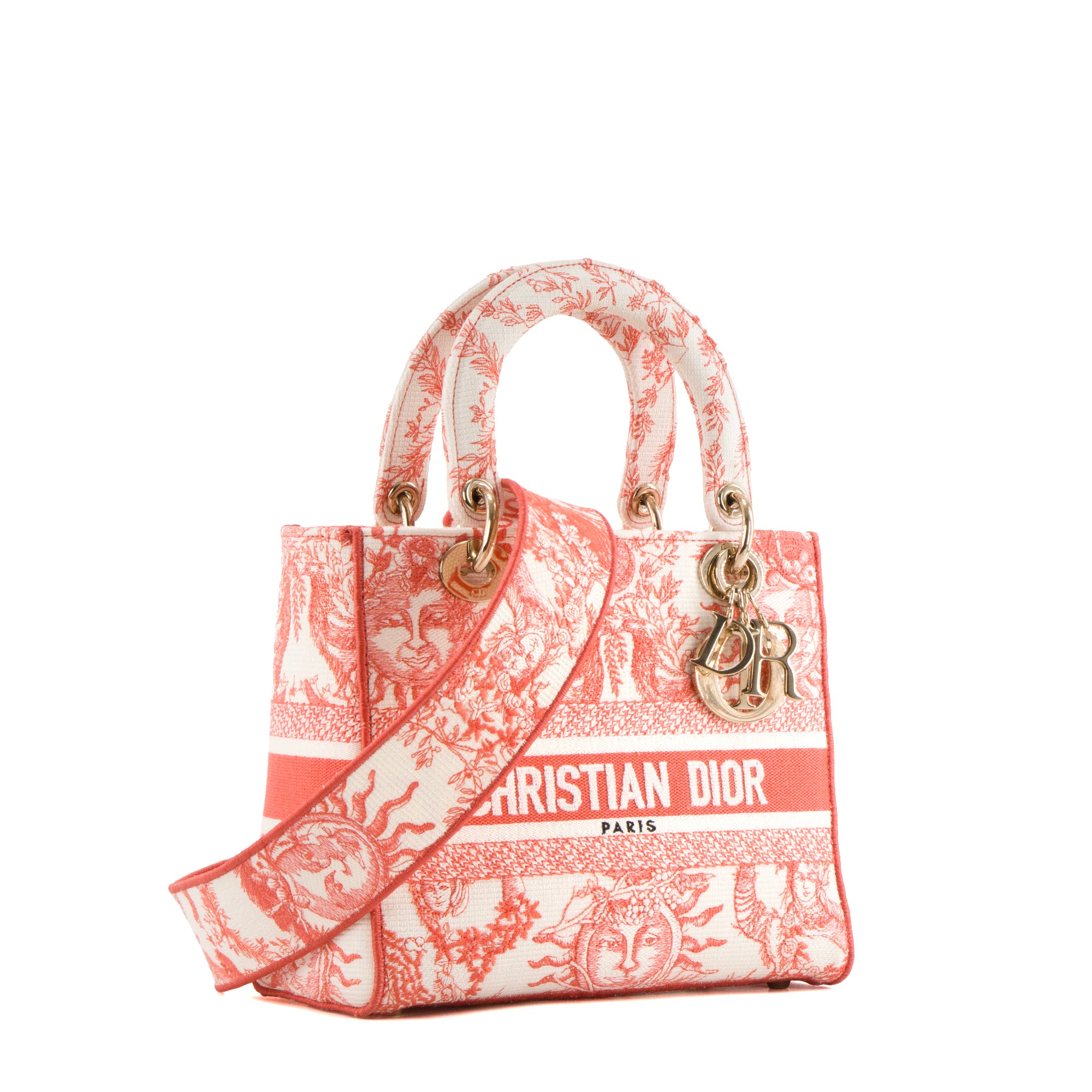 DIOR - Sac à bandoulière Lady D-Lite Dior en toile corail et blanc