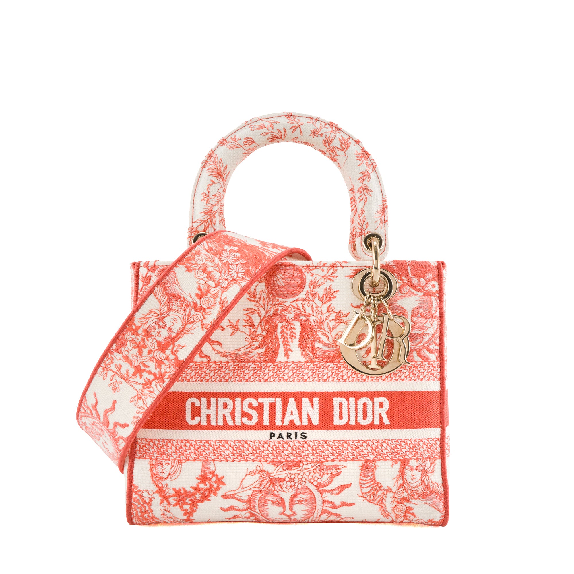 DIOR - Sac à bandoulière Lady D-Lite Dior en toile corail et blanc