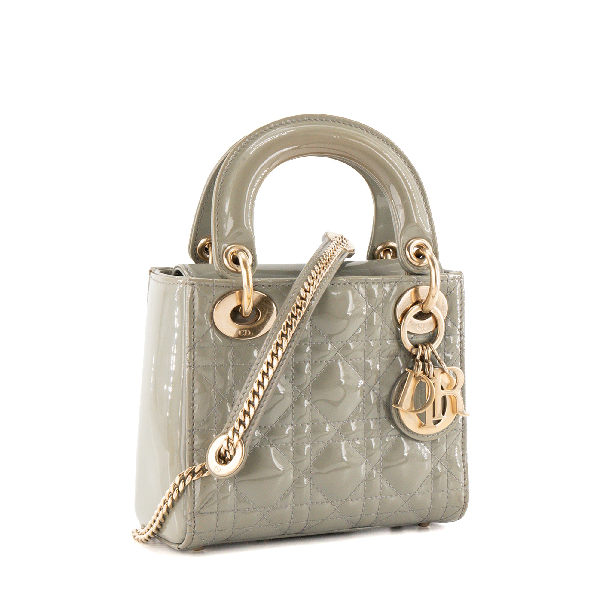 DIOR - Sac à bandoulière Lady Dior mini en cuir cannage verni vert kaki